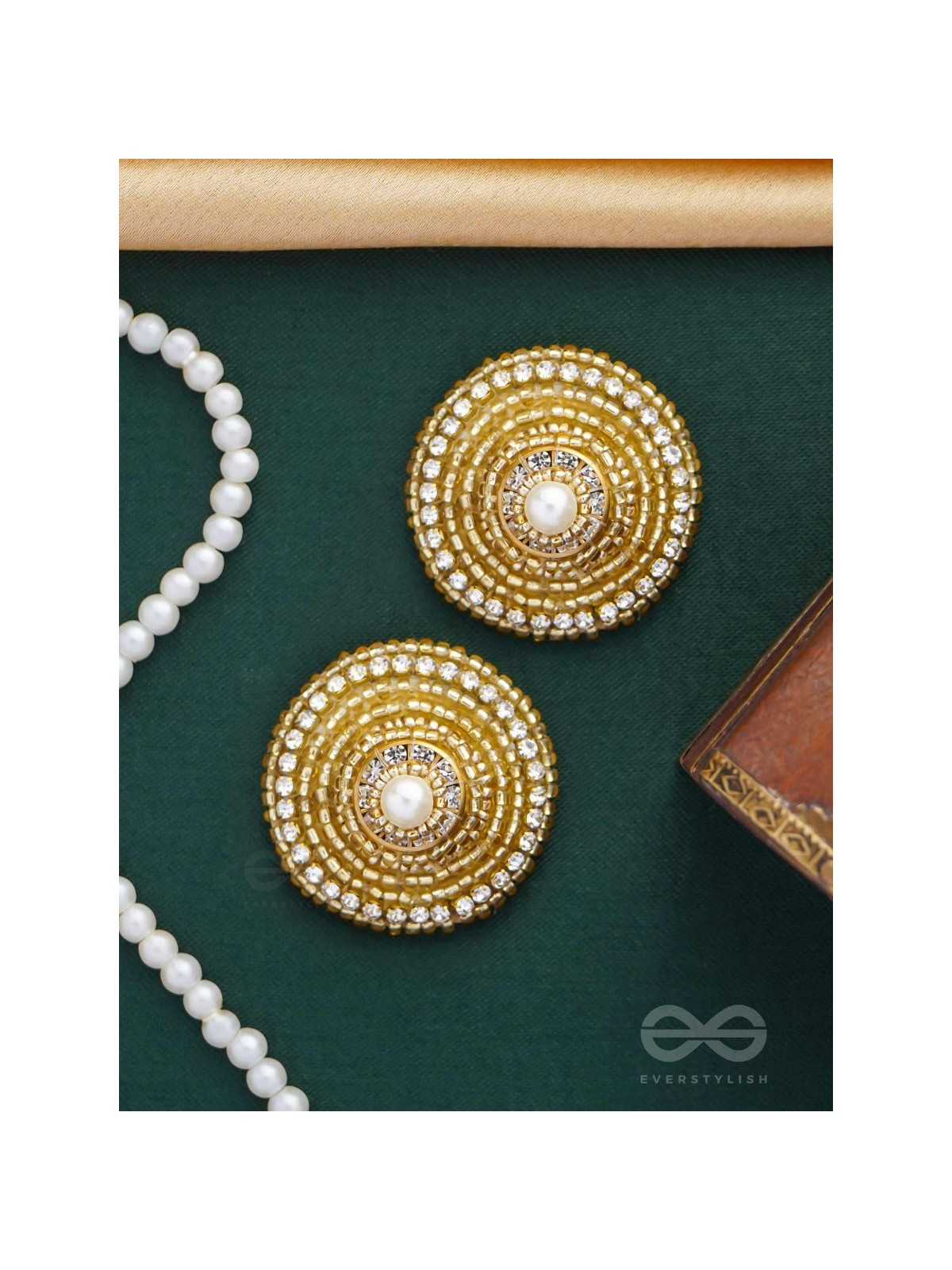 PRABHAKARINI - THE ILLUMINATING GOLDEN - PEARLS AND BEADS EMBROIDERED STUD EARRINGS