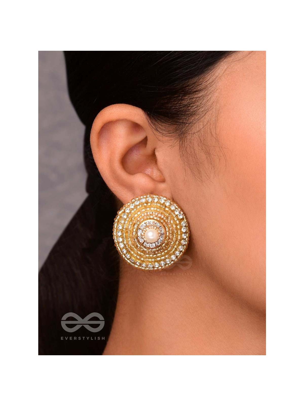 PRABHAKARINI - THE ILLUMINATING GOLDEN - PEARLS AND BEADS EMBROIDERED STUD EARRINGS