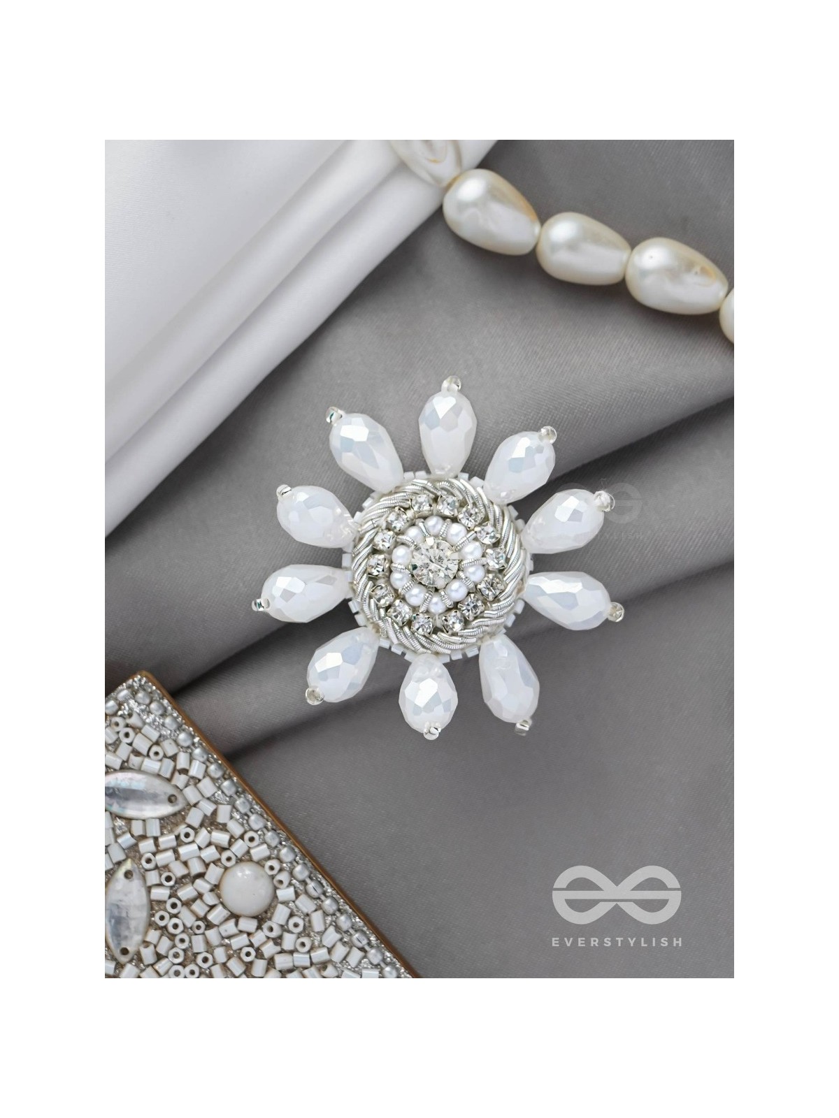 Tejovat - Glimmering White Brilliance - Stone, Beads And Glass Drops Hand Embroidered Ring (Adjustable)
