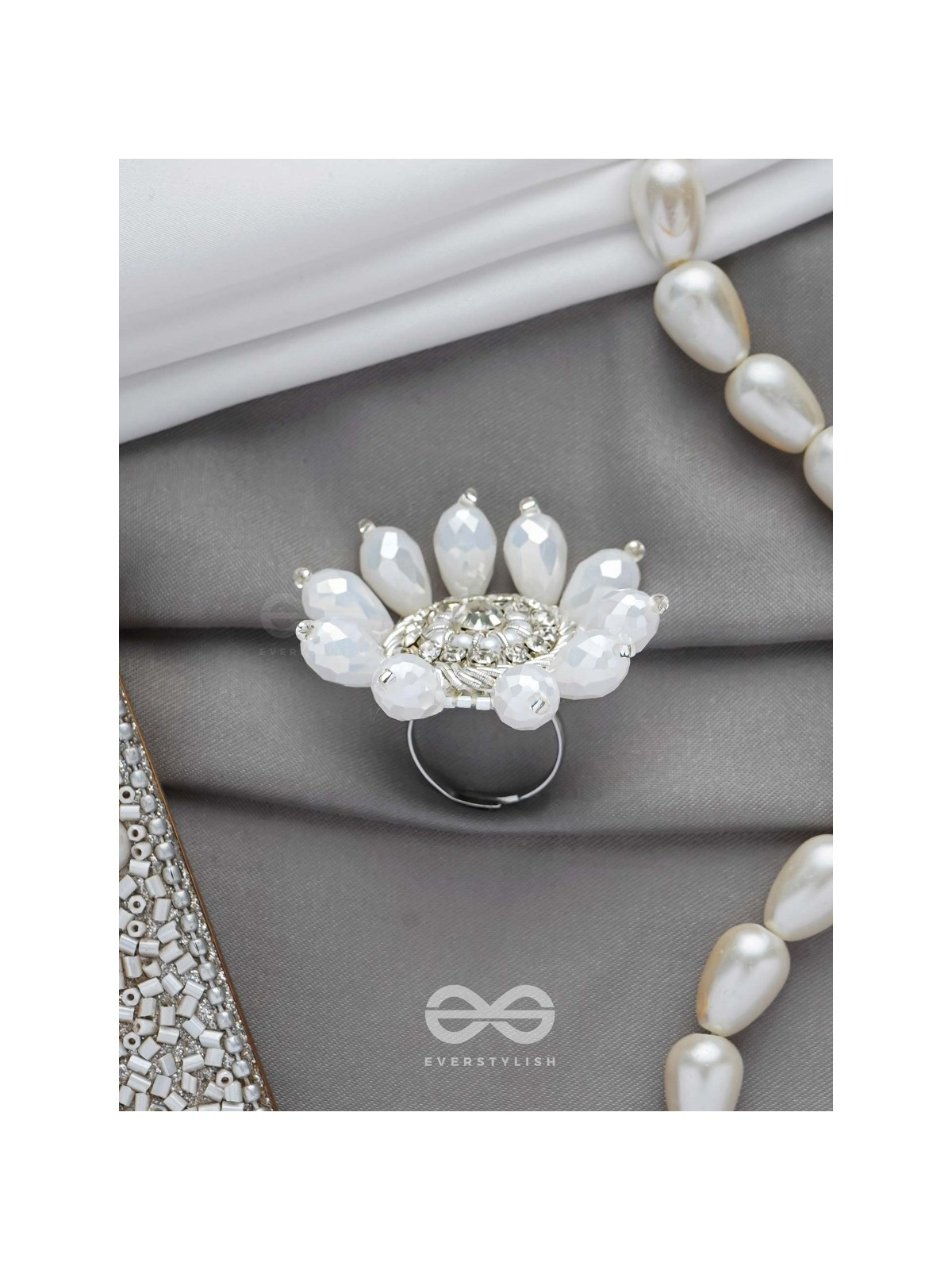 Tejovat - Glimmering White Brilliance - Stone, Beads And Glass Drops Hand Embroidered Ring (Adjustable)
