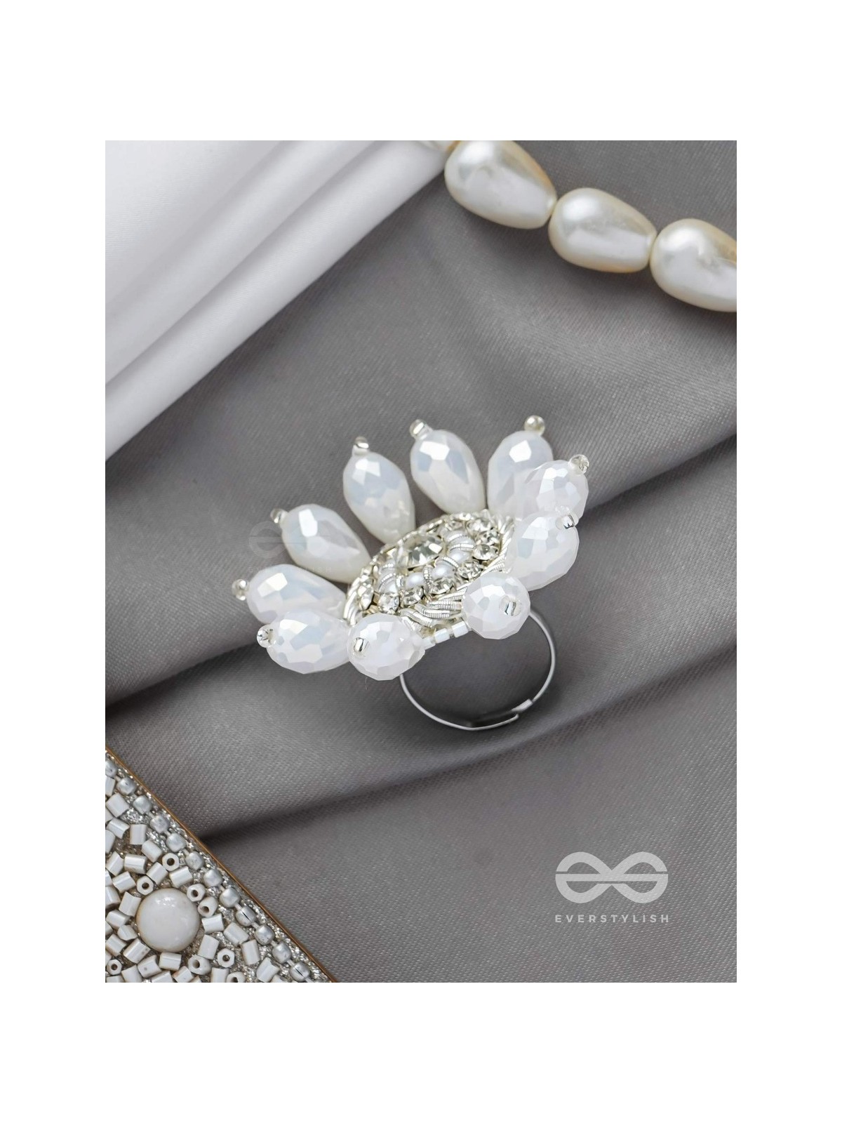 Tejovat - Glimmering White Brilliance - Stone, Beads And Glass Drops Hand Embroidered Ring (Adjustable)