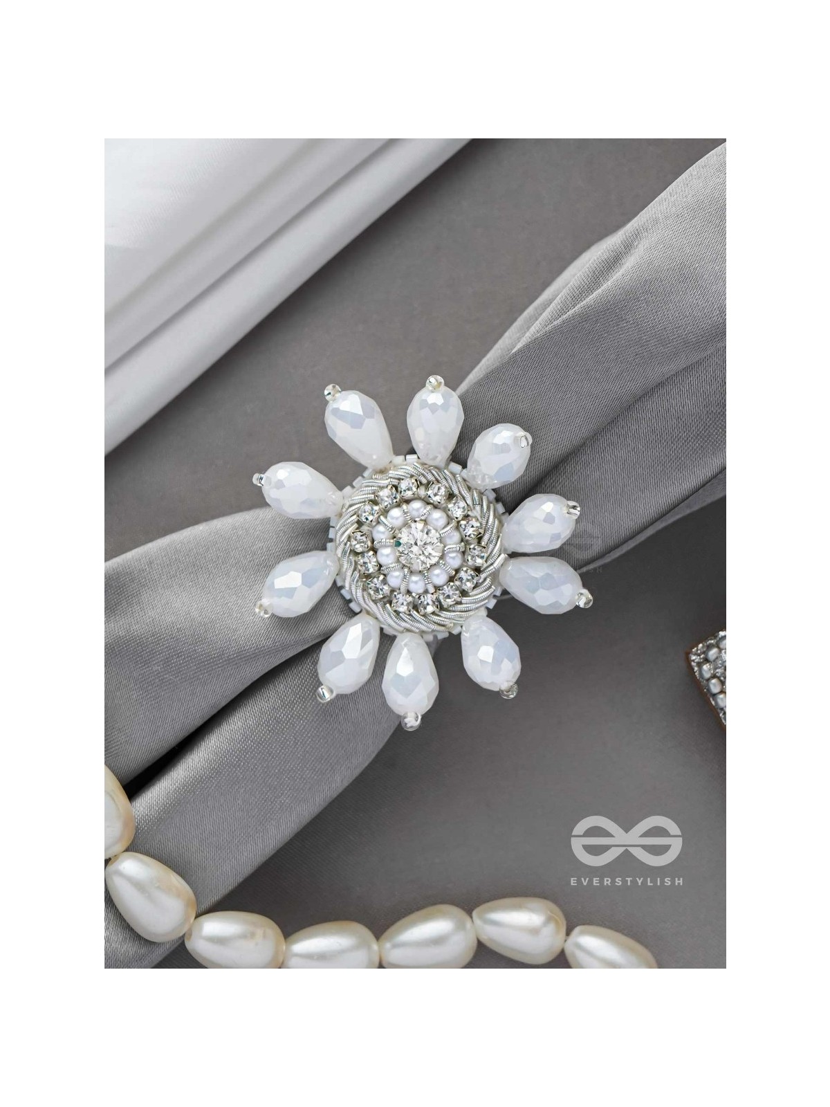 Tejovat - Glimmering White Brilliance - Stone, Beads And Glass Drops Hand Embroidered Ring (Adjustable)