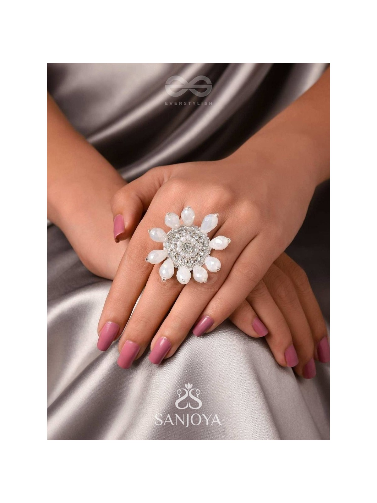 Tejovat - Glimmering White Brilliance - Stone, Beads And Glass Drops Hand Embroidered Ring (Adjustable)