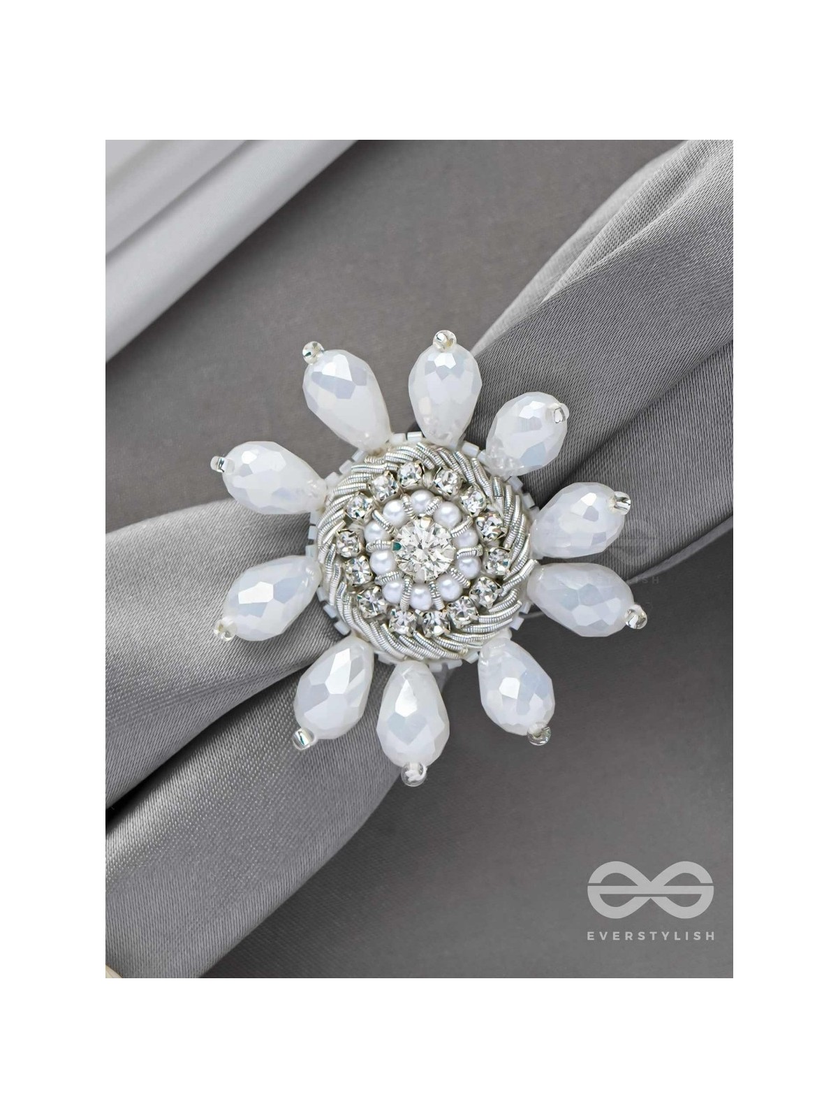 Tejovat - Glimmering White Brilliance - Stone, Beads And Glass Drops Hand Embroidered Ring (Adjustable)