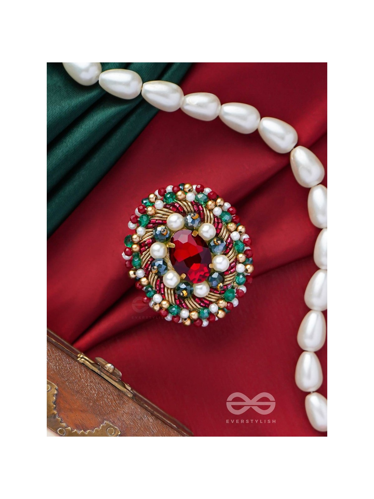 AKSHEPA - THE STATEMENT ONE - STONE, PEARLS AND BEADS EMBROIDERED RING