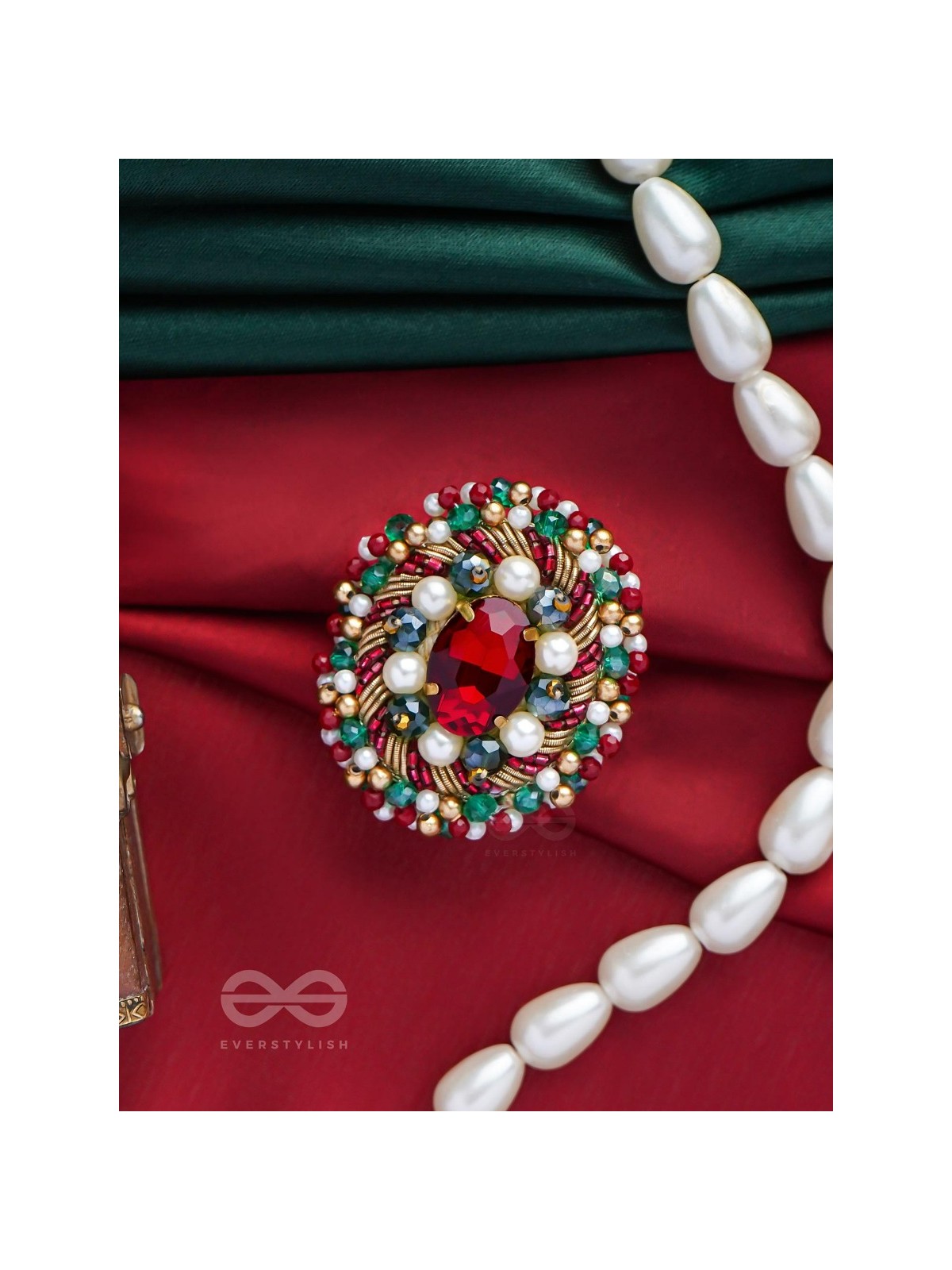 AKSHEPA - THE STATEMENT ONE - STONE, PEARLS AND BEADS EMBROIDERED RING