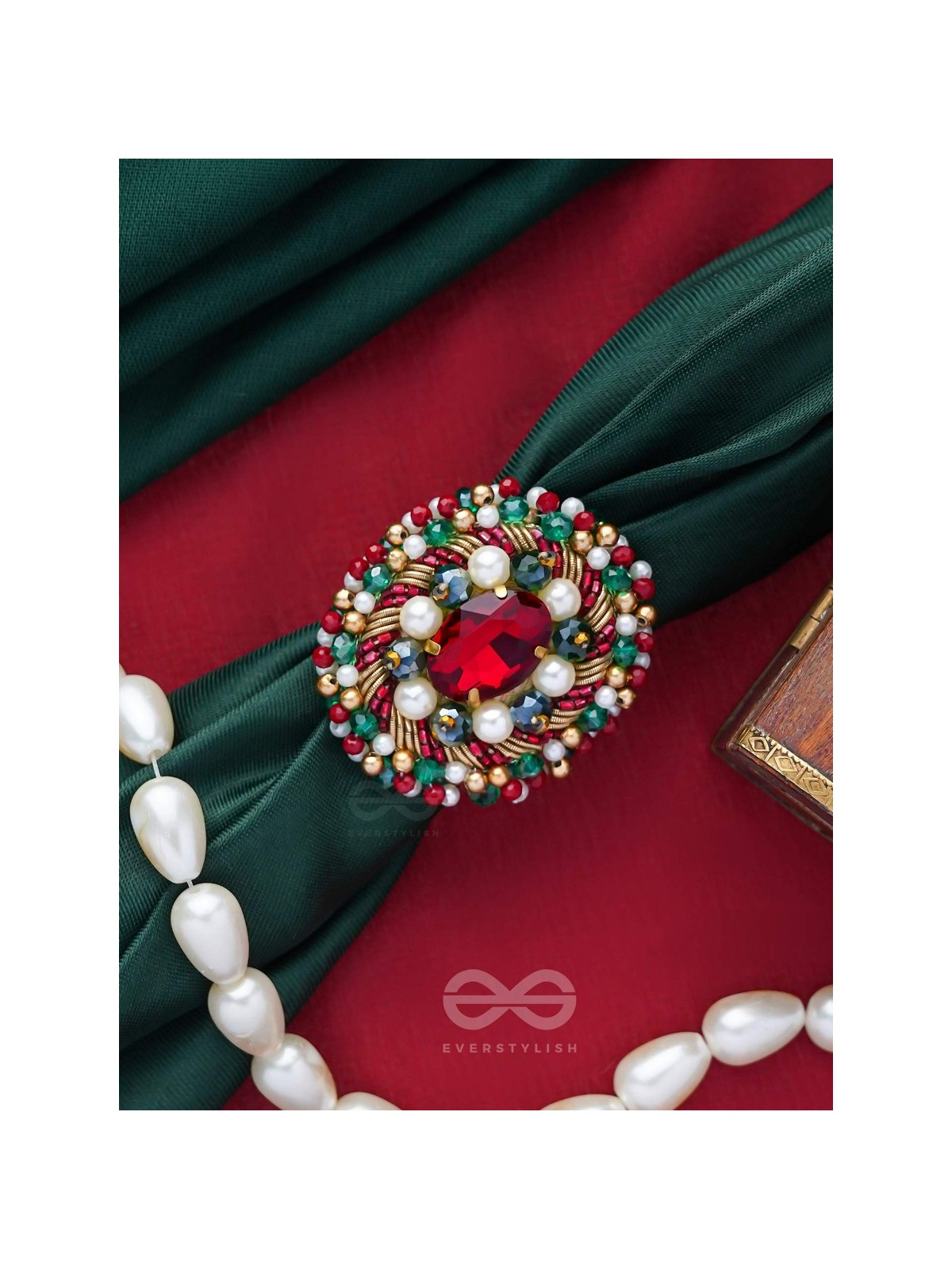 AKSHEPA - THE STATEMENT ONE - STONE, PEARLS AND BEADS EMBROIDERED RING