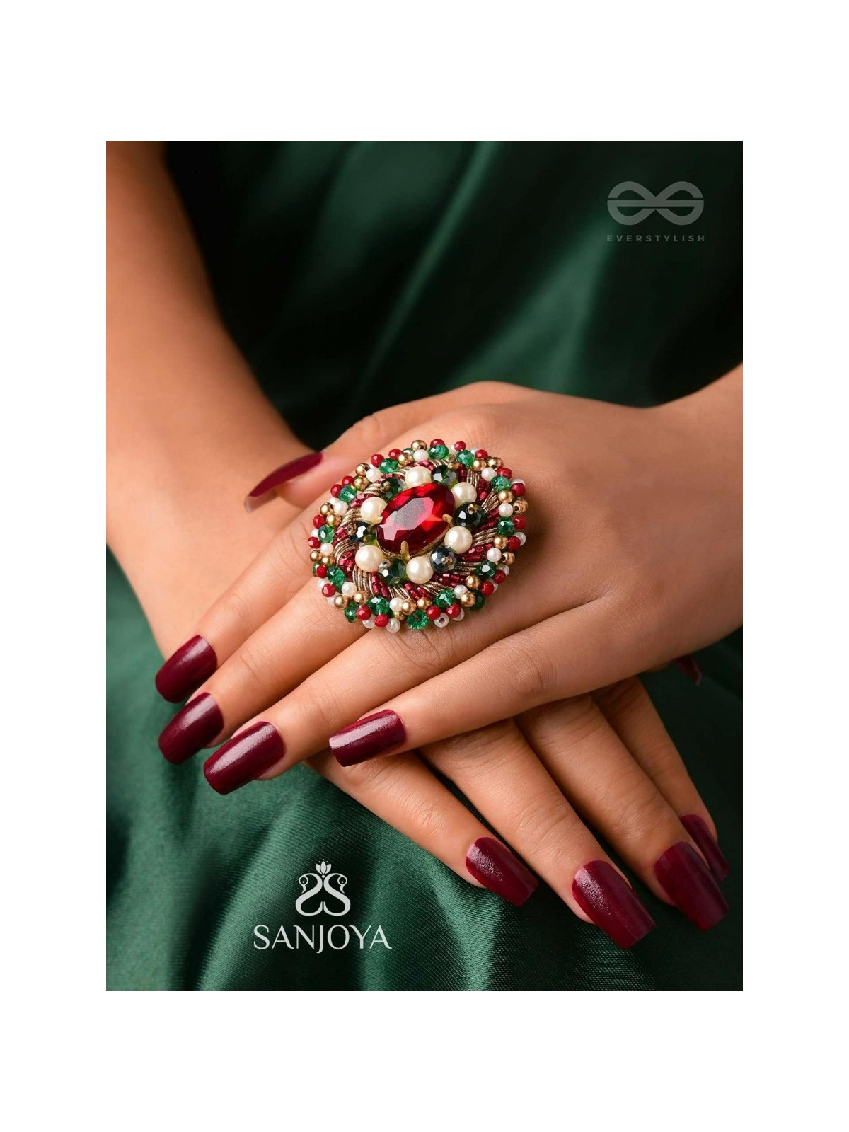 AKSHEPA - THE STATEMENT ONE - STONE, PEARLS AND BEADS EMBROIDERED RING