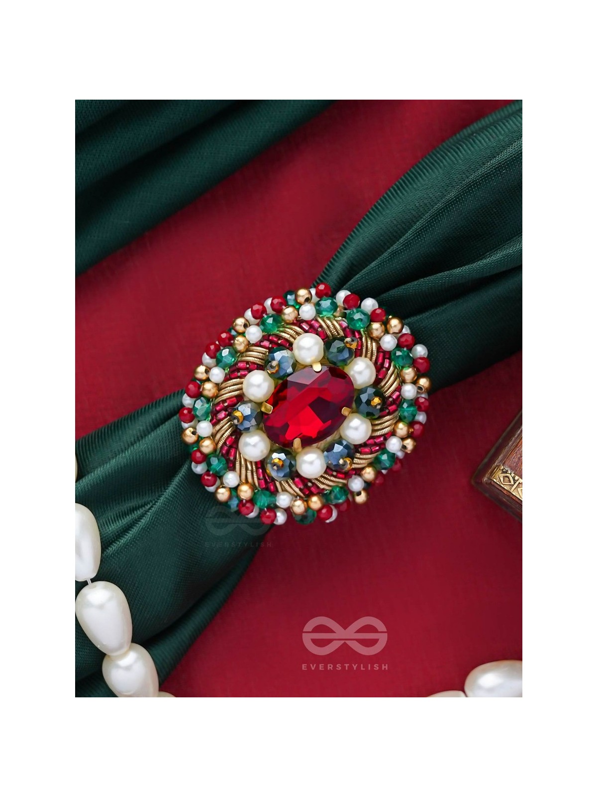 AKSHEPA - THE STATEMENT ONE - STONE, PEARLS AND BEADS EMBROIDERED RING
