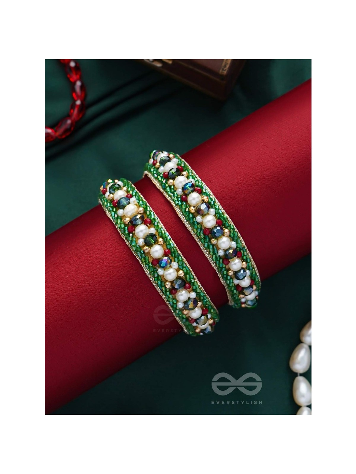 Parnaya - The Rosy Forest - Pearls, Cutdana And Beads Hand Embroidered Bangles (Set Of 2)