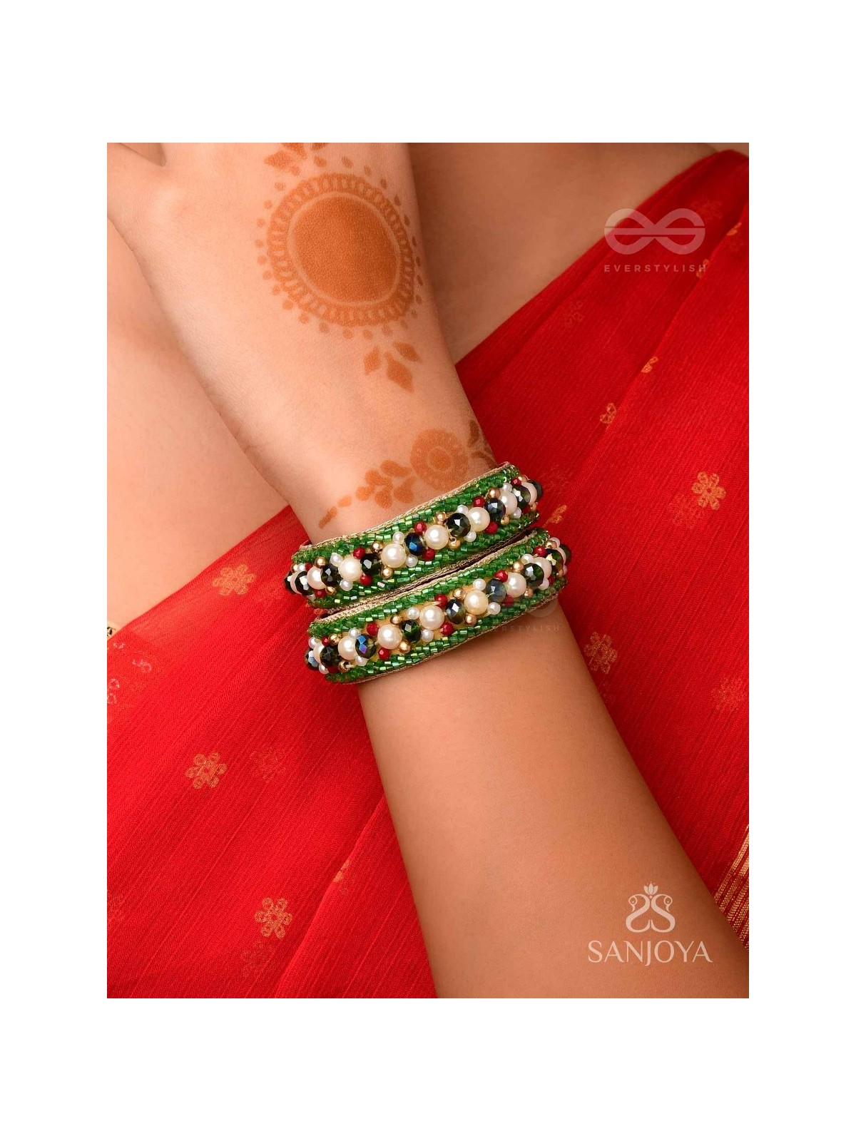 Parnaya - The Rosy Forest - Pearls, Cutdana And Beads Hand Embroidered Bangles (Set Of 2)