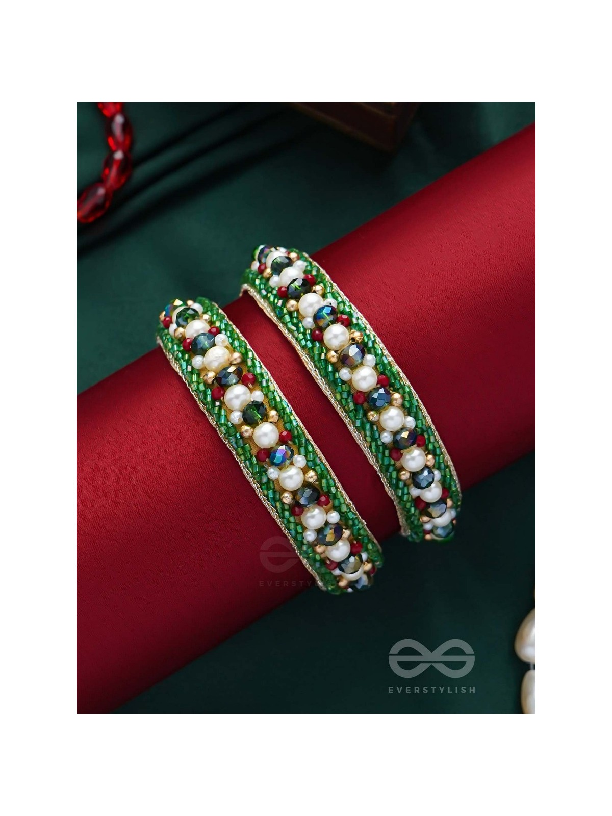Parnaya - The Rosy Forest - Pearls, Cutdana And Beads Hand Embroidered Bangles (Set Of 2)