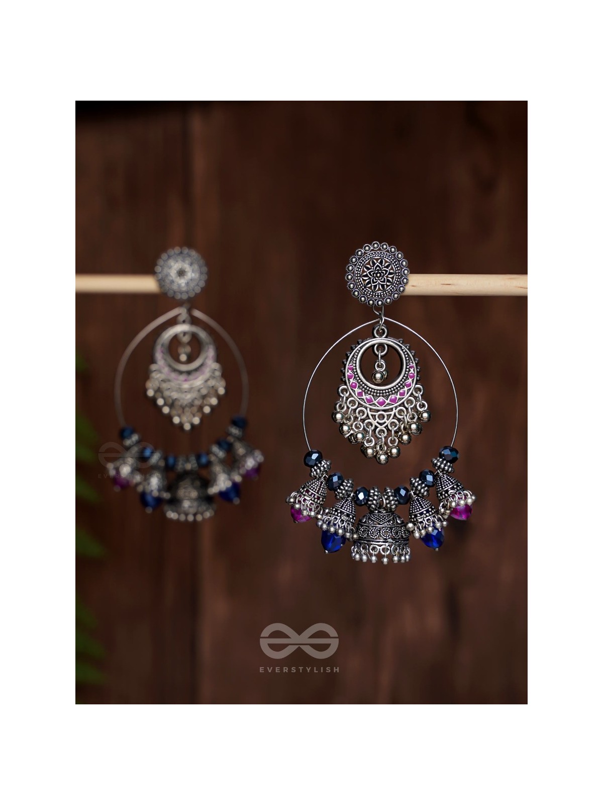 DUSKY SKYLINE ELEGANCE - STATEMENT EMBELLISHED OXIDISED JHUMKA EARRINGS