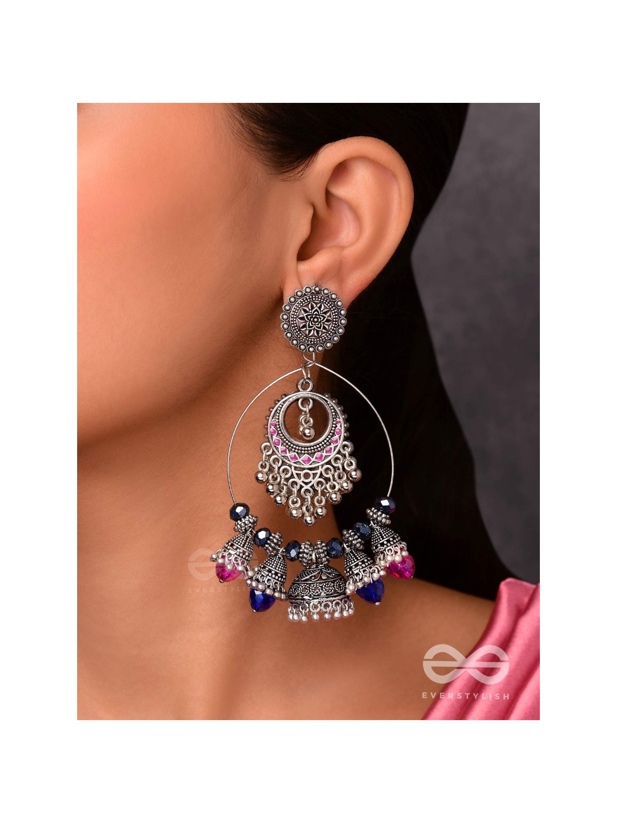  DUSKY SKYLINE ELEGANCE - STATEMENT EMBELLISHED OXIDISED JHUMKA EARRINGS
