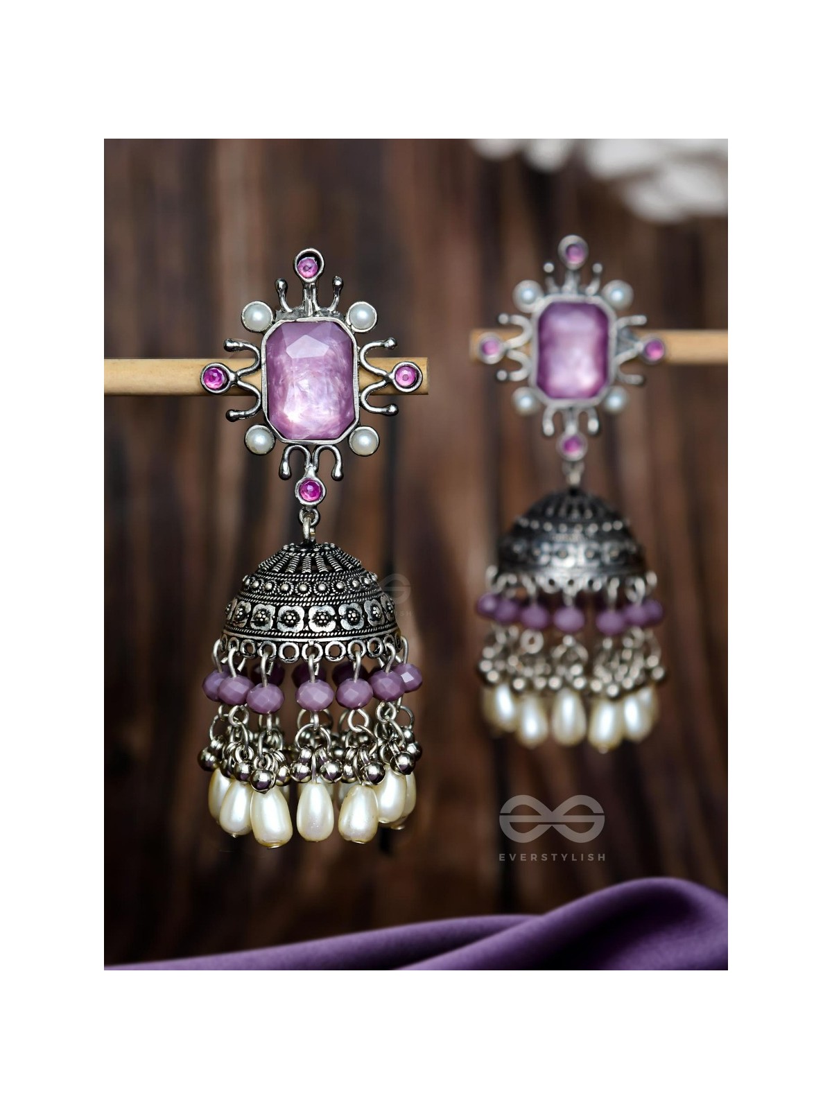 A MYSTICAL DUSK - STATEMENT EMBELLISHED OXIDISED JHUMKA EARRINGS