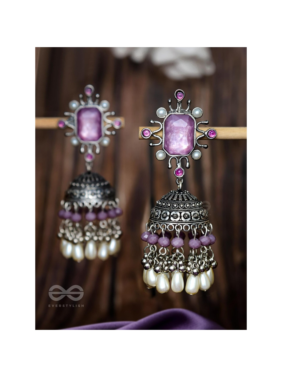 A MYSTICAL DUSK - STATEMENT EMBELLISHED OXIDISED JHUMKA EARRINGS