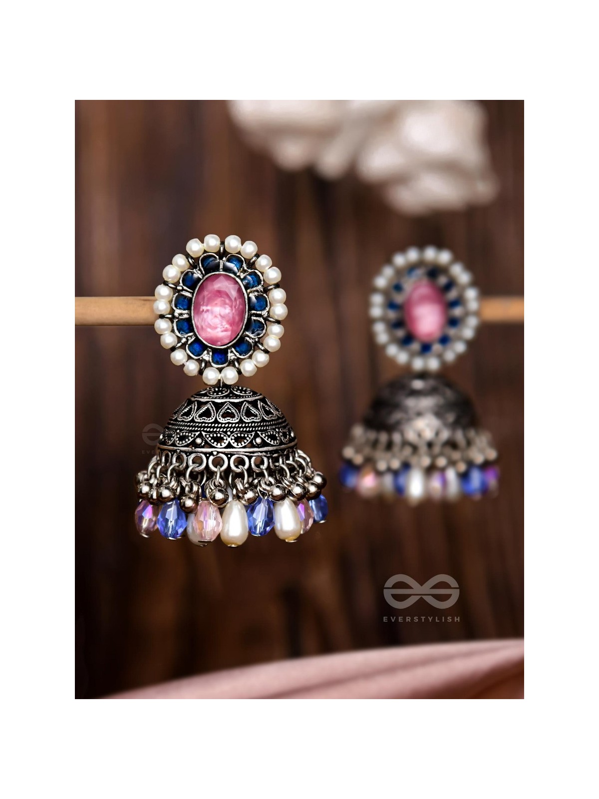  REGAL BLUSHIN' SKY - EMBELLISHED OXIDISED JHUMKA EARRINGS