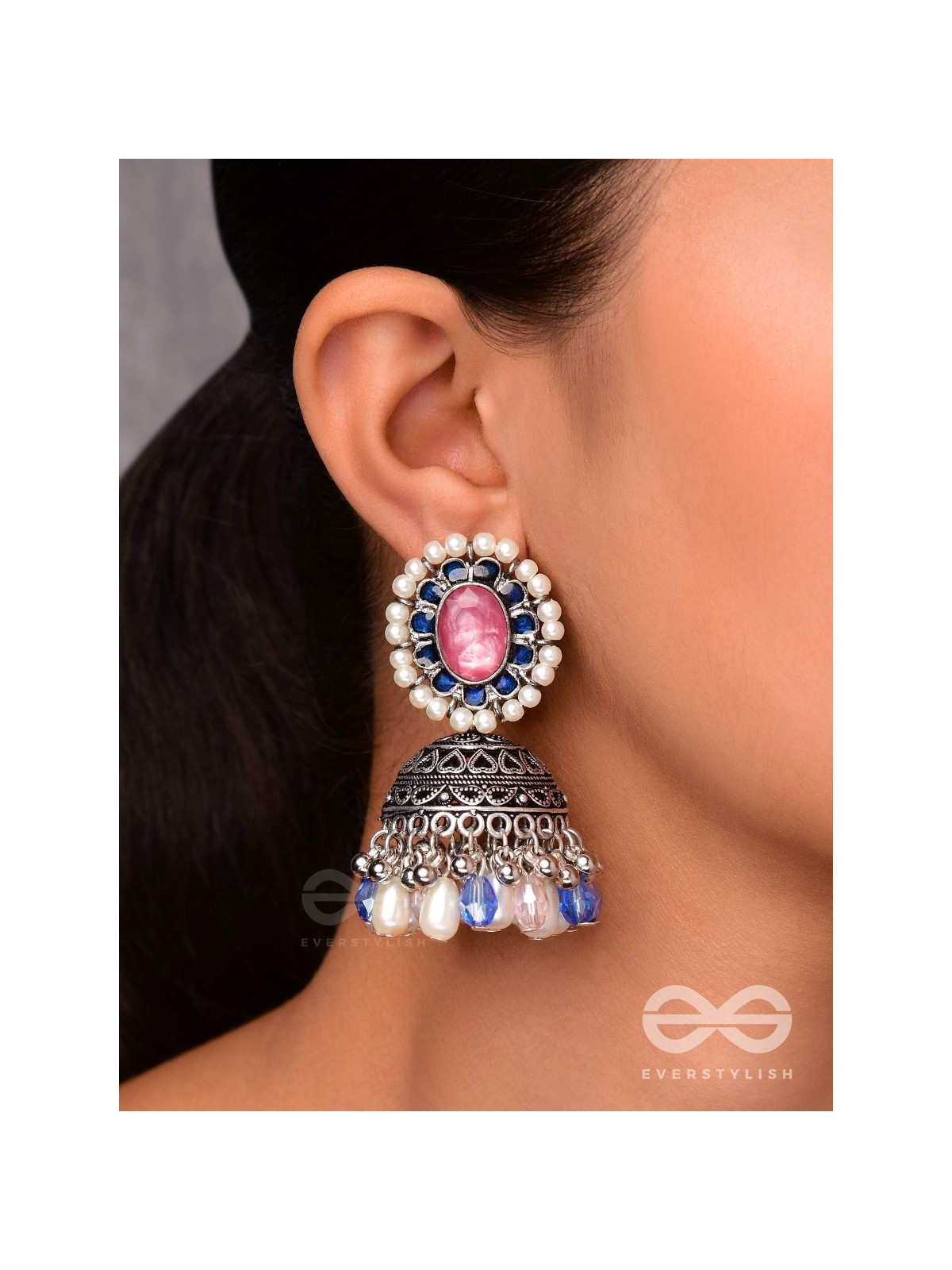  REGAL BLUSHIN' SKY - EMBELLISHED OXIDISED JHUMKA EARRINGS