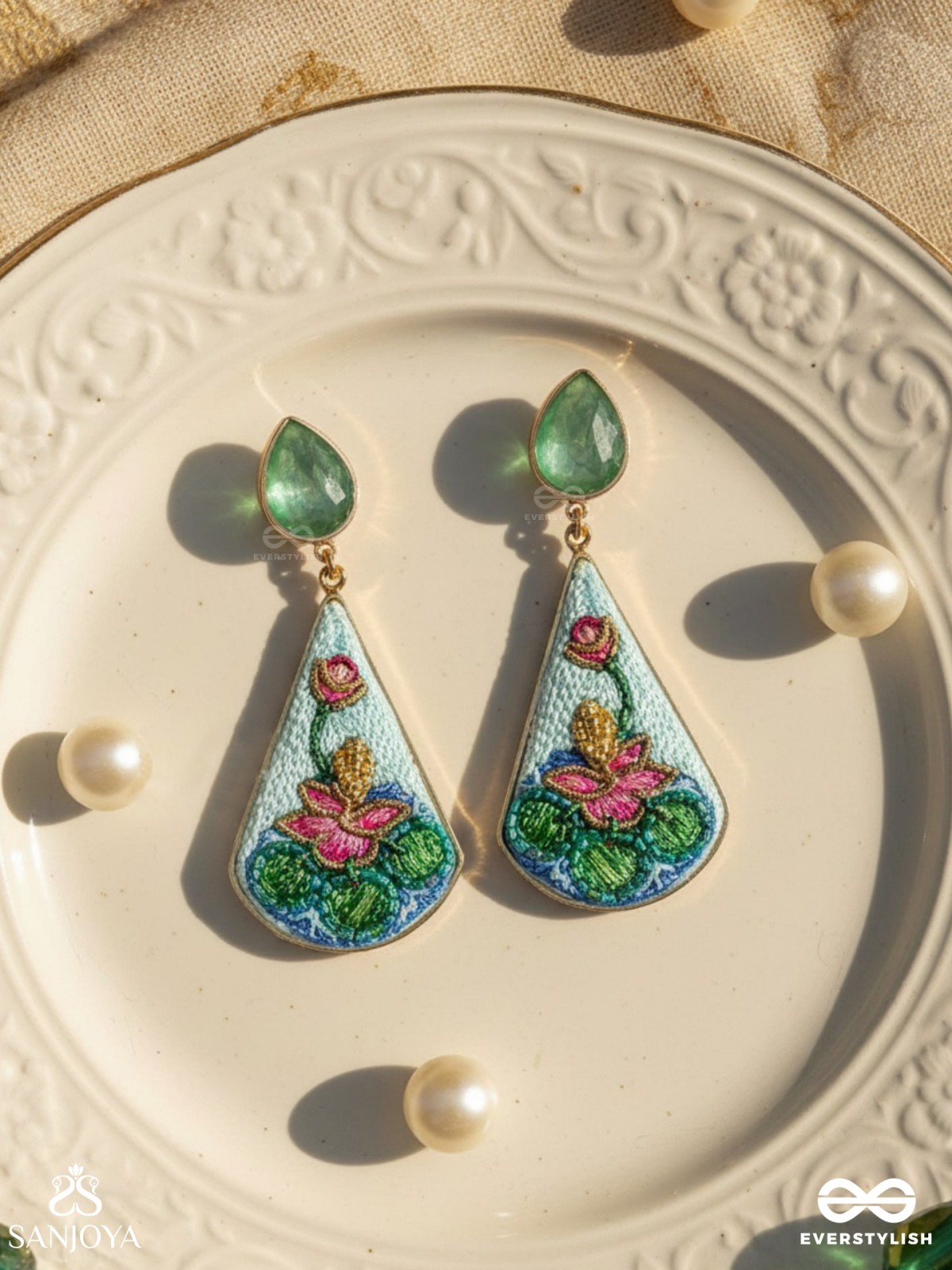 Padmalatā - Lotus Vine Hand-embroidered earrings with Cutdana, Dabka and Resham thread work 