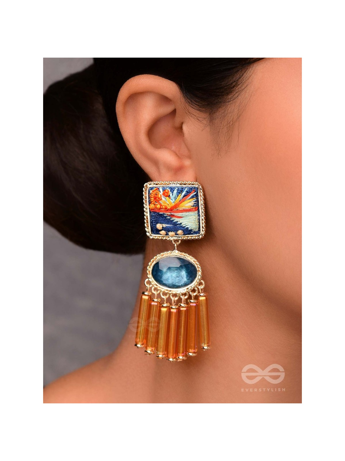 Ajyavari - The Seashore Sunshine - Resham And Stone Hand Embroidered Earrings