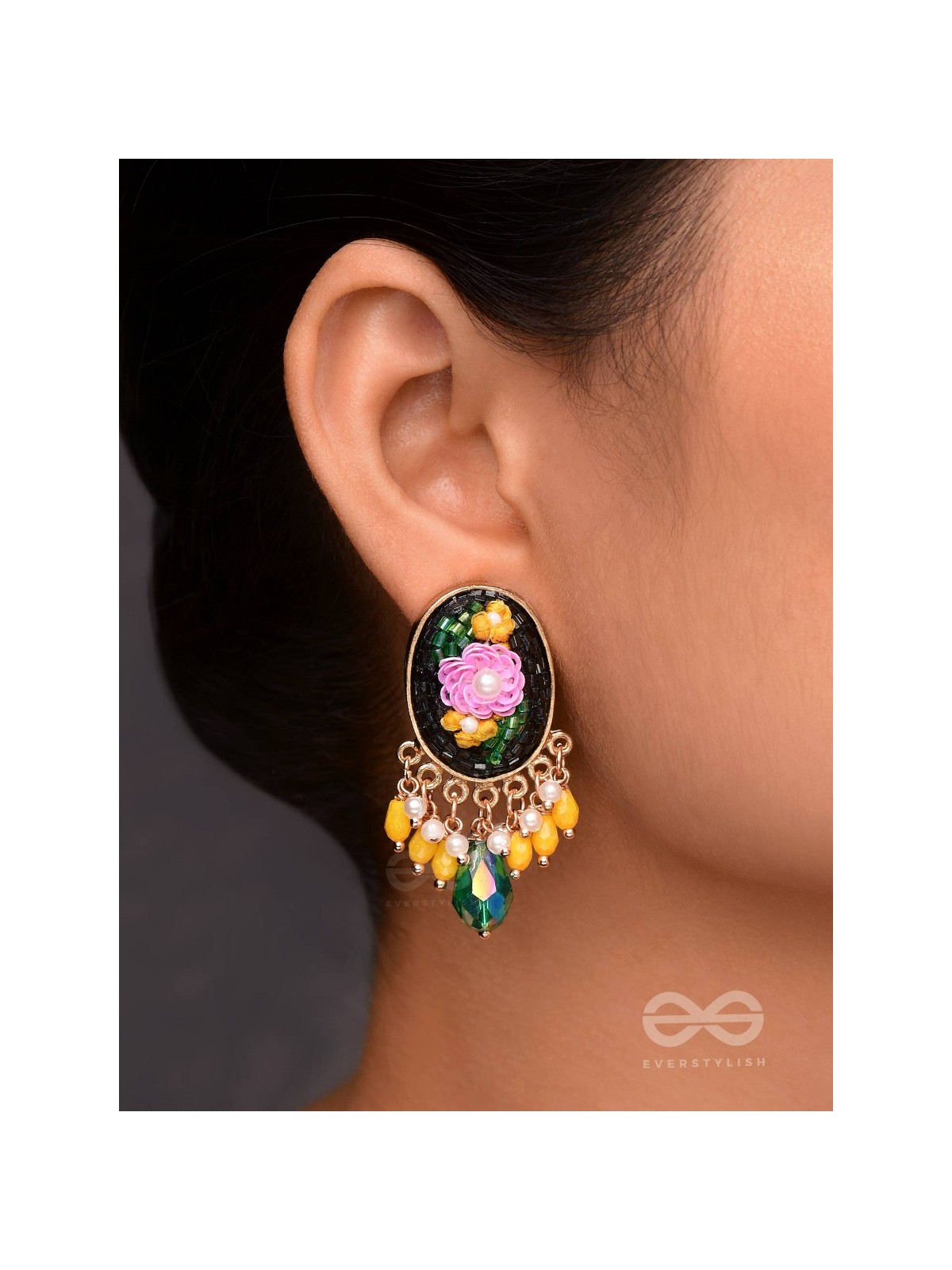KOUSHA - A FLOWER BUD - SEQUINS, BEADS AND CUT DANA EMBROIDERED EARRINGS