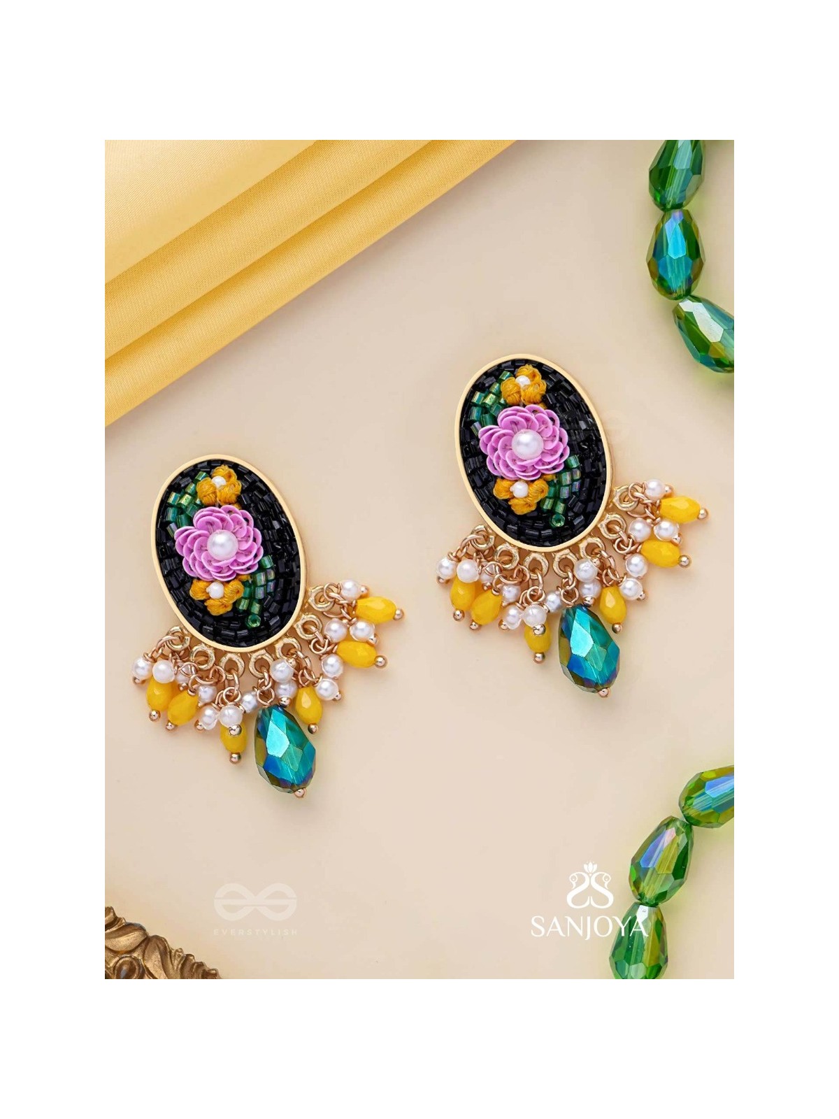 KOUSHA - A FLOWER BUD - SEQUINS, BEADS AND CUT DANA EMBROIDERED EARRINGS