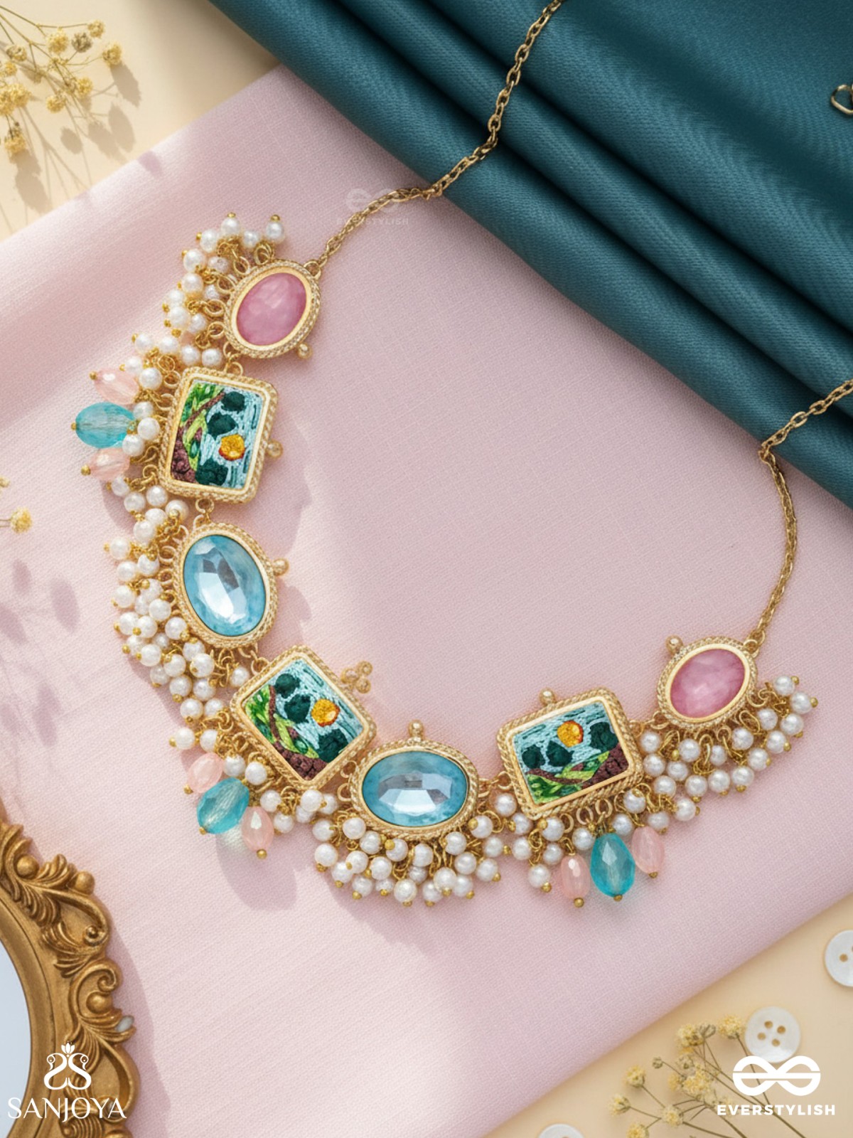 Vividhruma - Colorful Blossoms - Stones, Beads And Resham Hand Embroidered Neckpiece