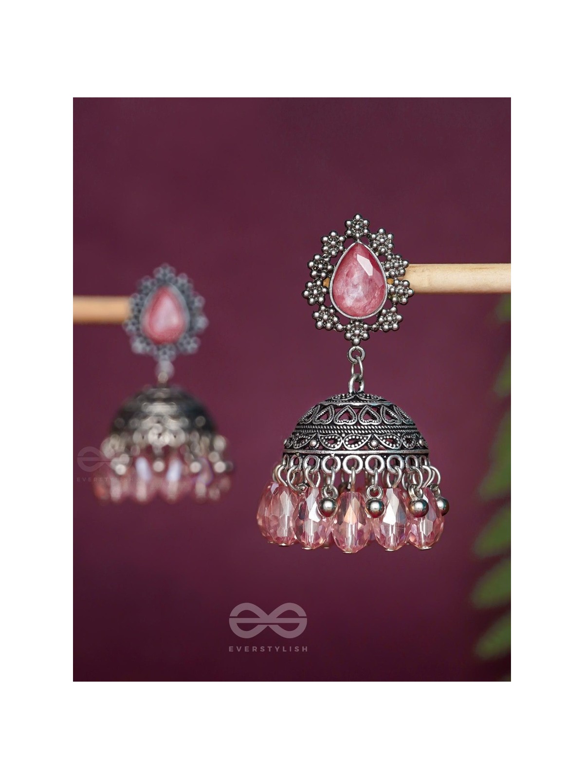 A CORAL CRUSH - EMBELLISHED OXIDISED JHUMKA EARRINGS