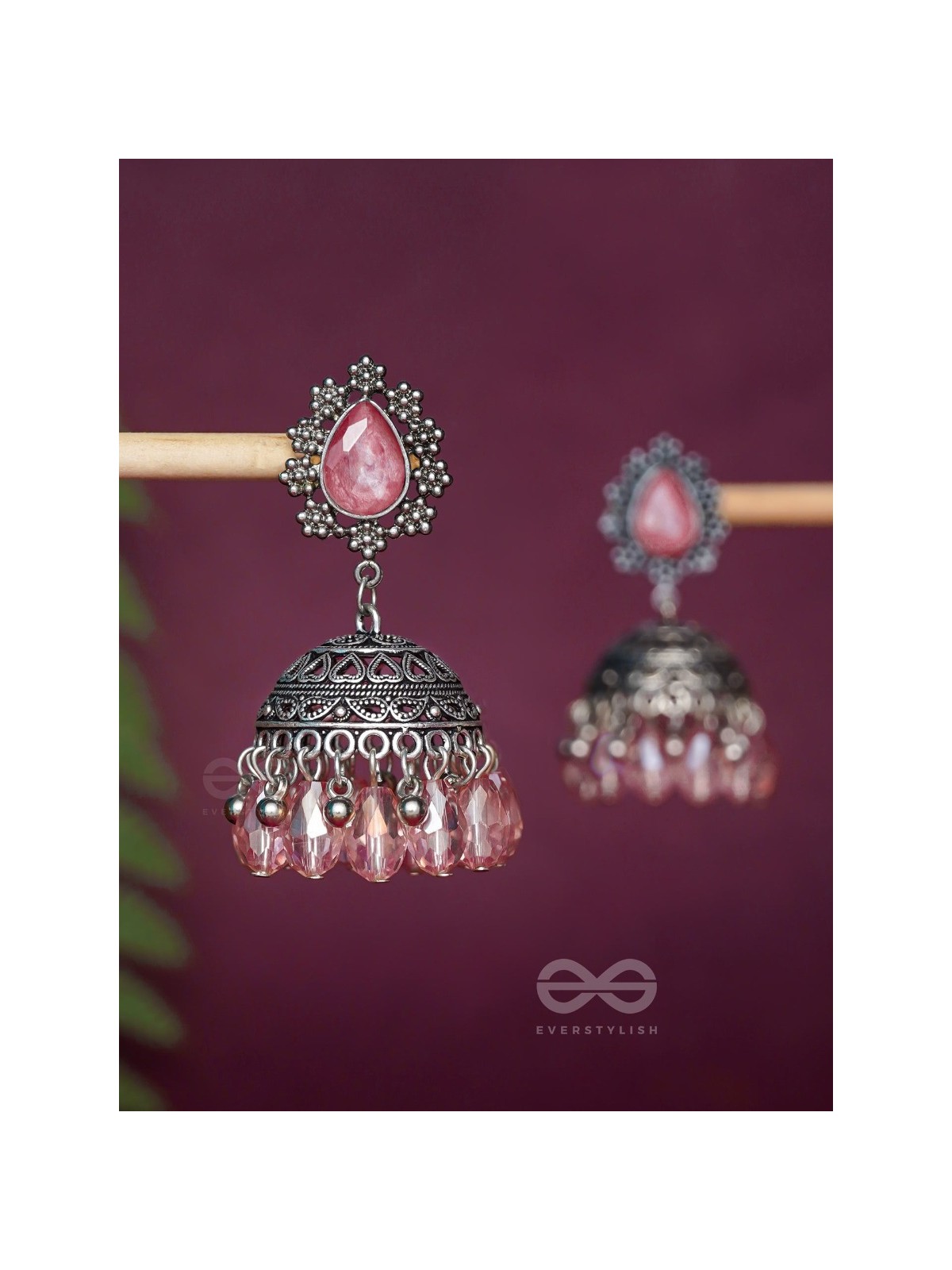 A CORAL CRUSH - EMBELLISHED OXIDISED JHUMKA EARRINGS