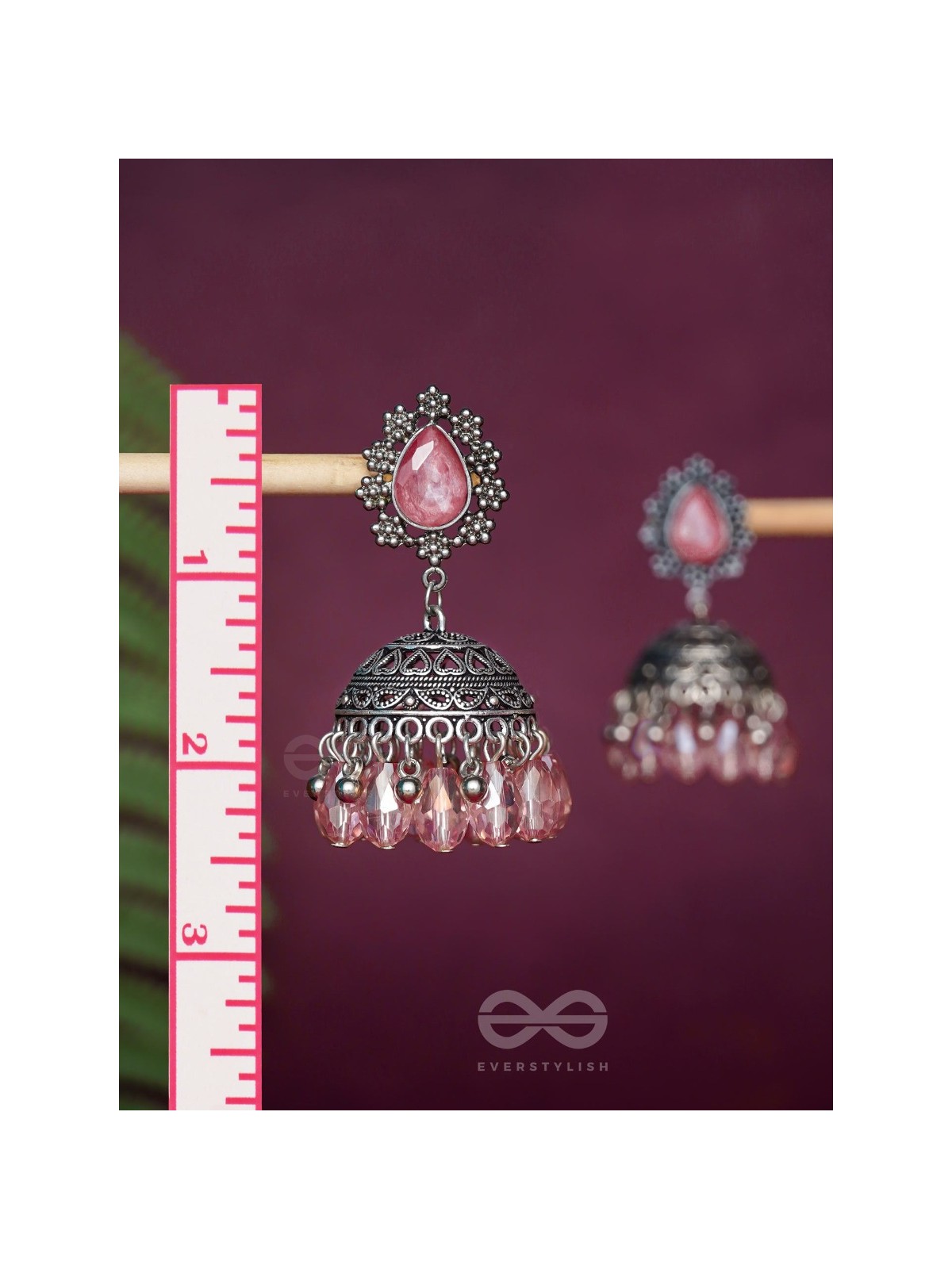 A CORAL CRUSH - EMBELLISHED OXIDISED JHUMKA EARRINGS