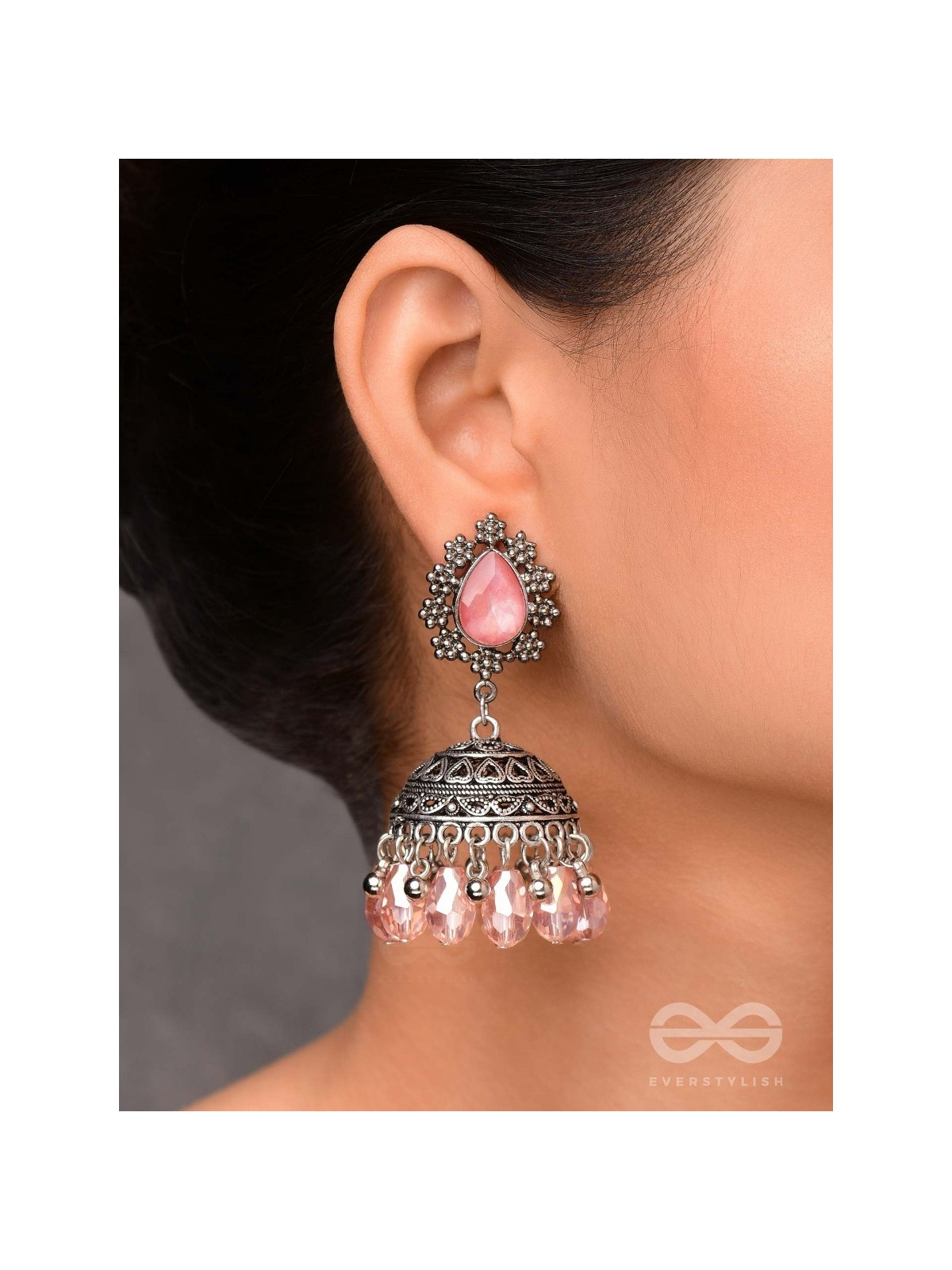 A CORAL CRUSH - EMBELLISHED OXIDISED JHUMKA EARRINGS