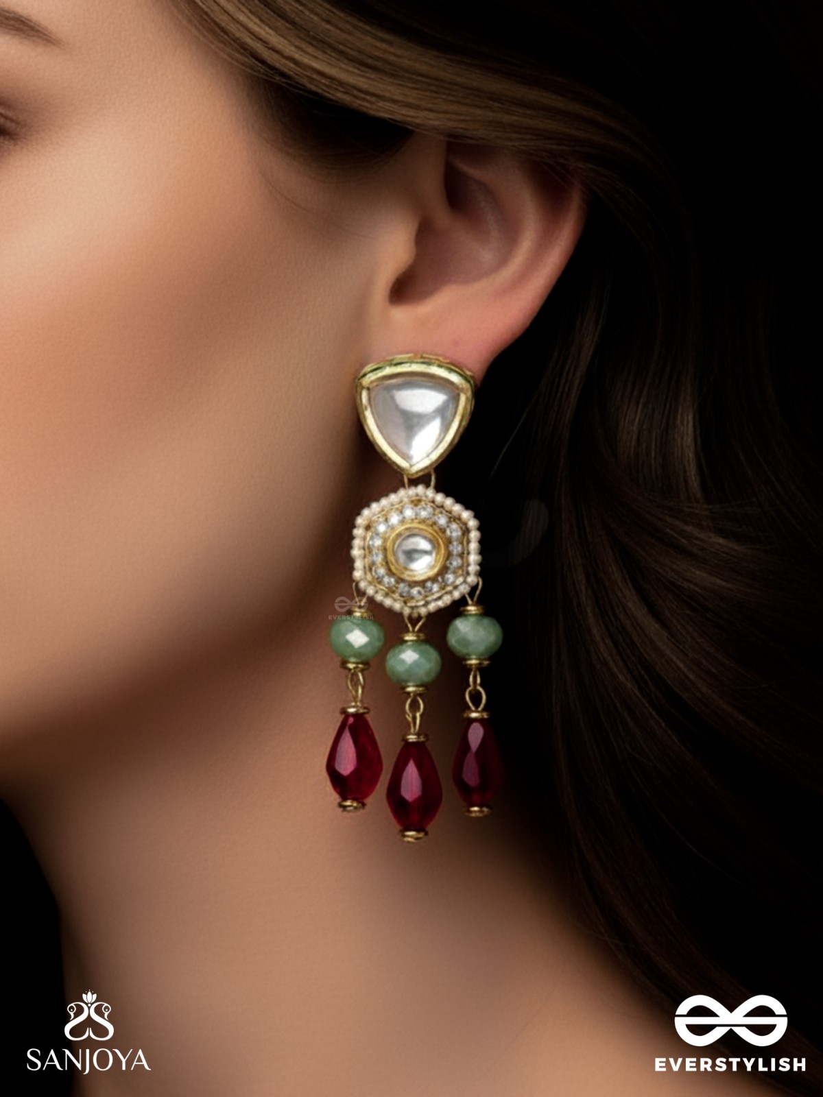 Prenkha - Scarlet Sways - Golden Embellished Polki And Kundan Earrings