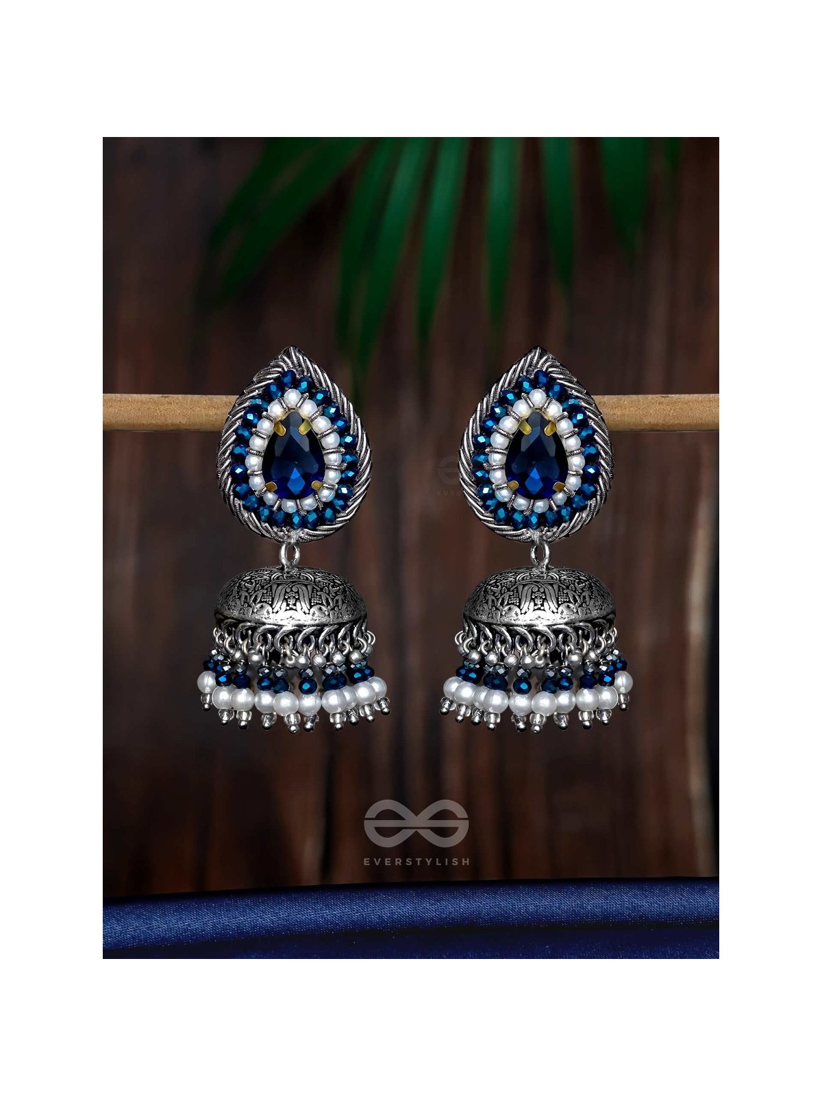 Ratryata - The Midnight Sapphire - Stone And Beads Hand Embroidered Oxidised Jhumka Earrings