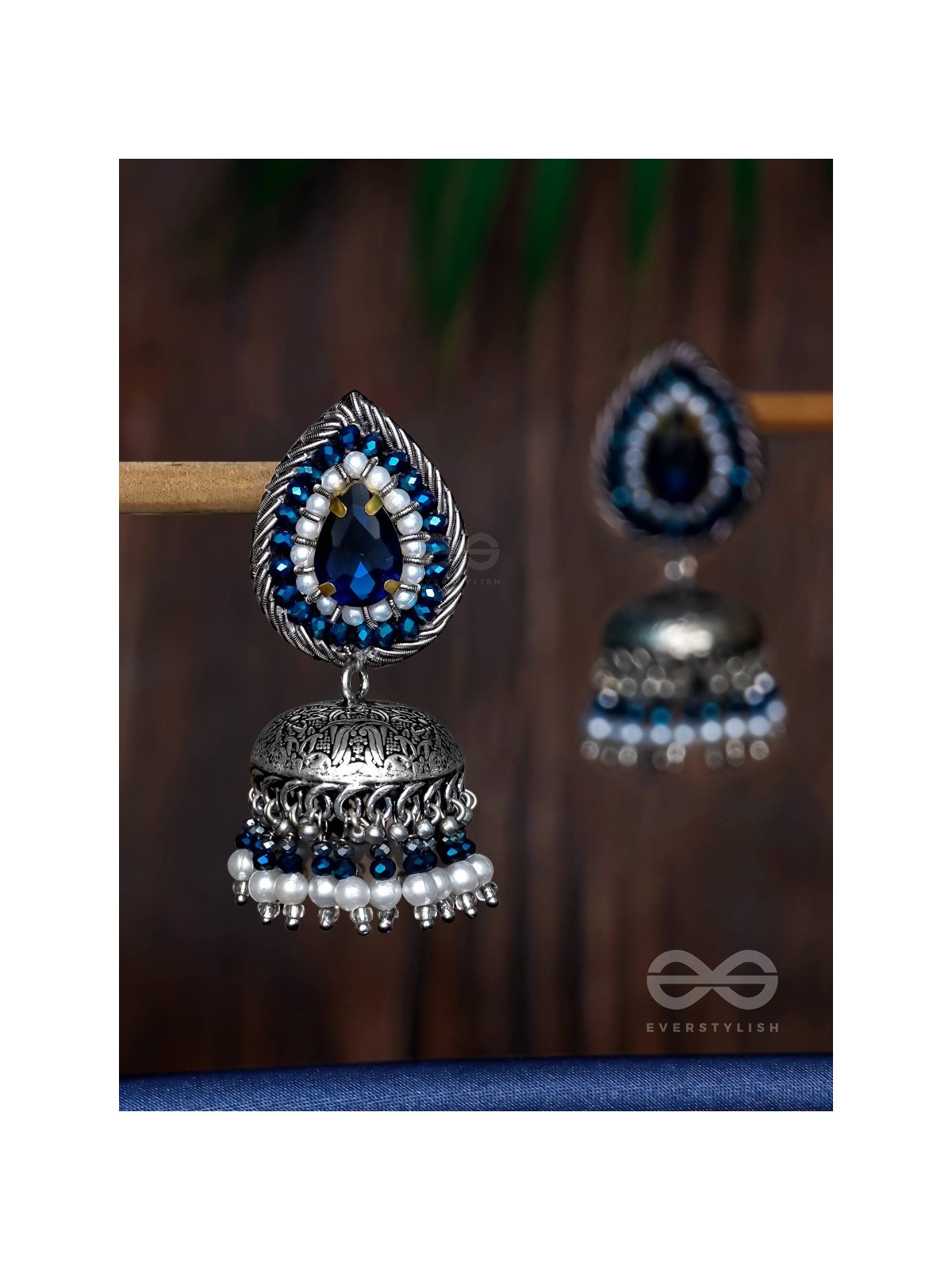 Ratryata - The Midnight Sapphire - Stone And Beads Hand Embroidered Oxidised Jhumka Earrings