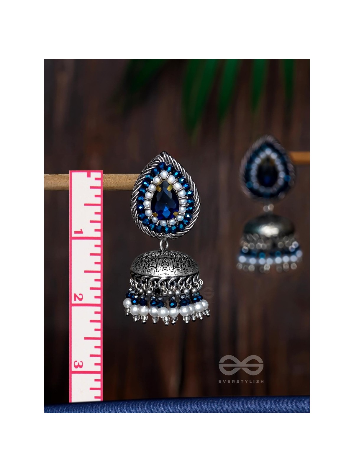Ratryata - The Midnight Sapphire - Stone And Beads Hand Embroidered Oxidised Jhumka Earrings