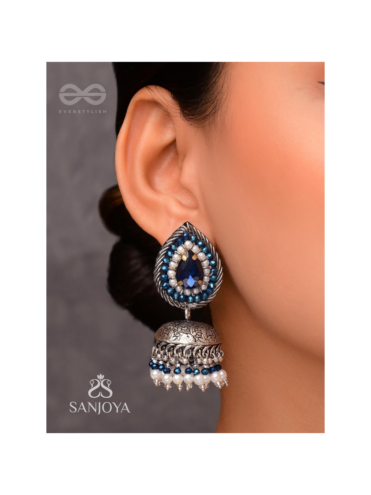 Ratryata - The Midnight Sapphire - Stone And Beads Hand Embroidered Oxidised Jhumka Earrings