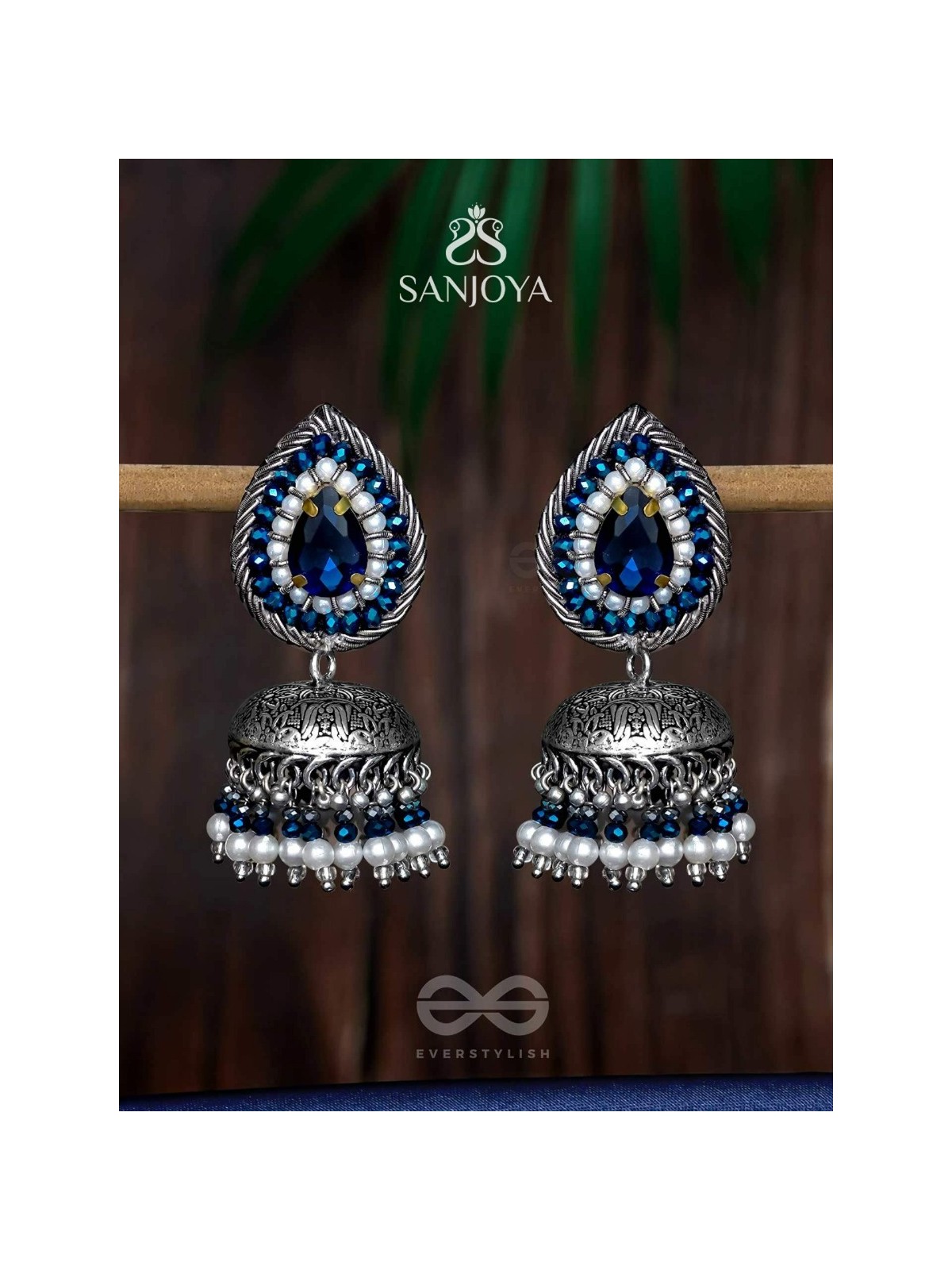 Ratryata - The Midnight Sapphire - Stone And Beads Hand Embroidered Oxidised Jhumka Earrings