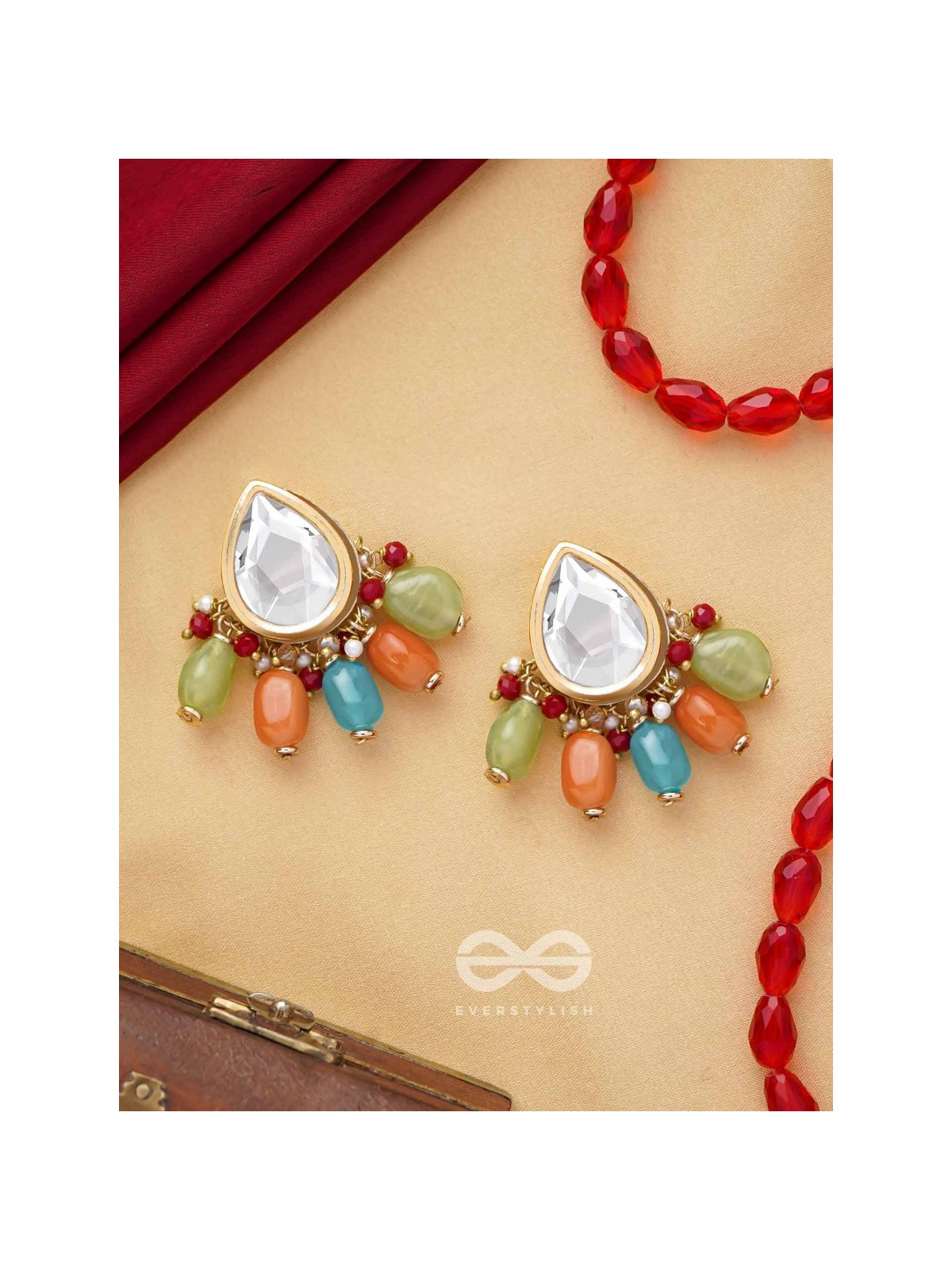 Ravih - The Sun Loving - Golden Embellished Polki And Kundan Finished Earrings (Multicolor)