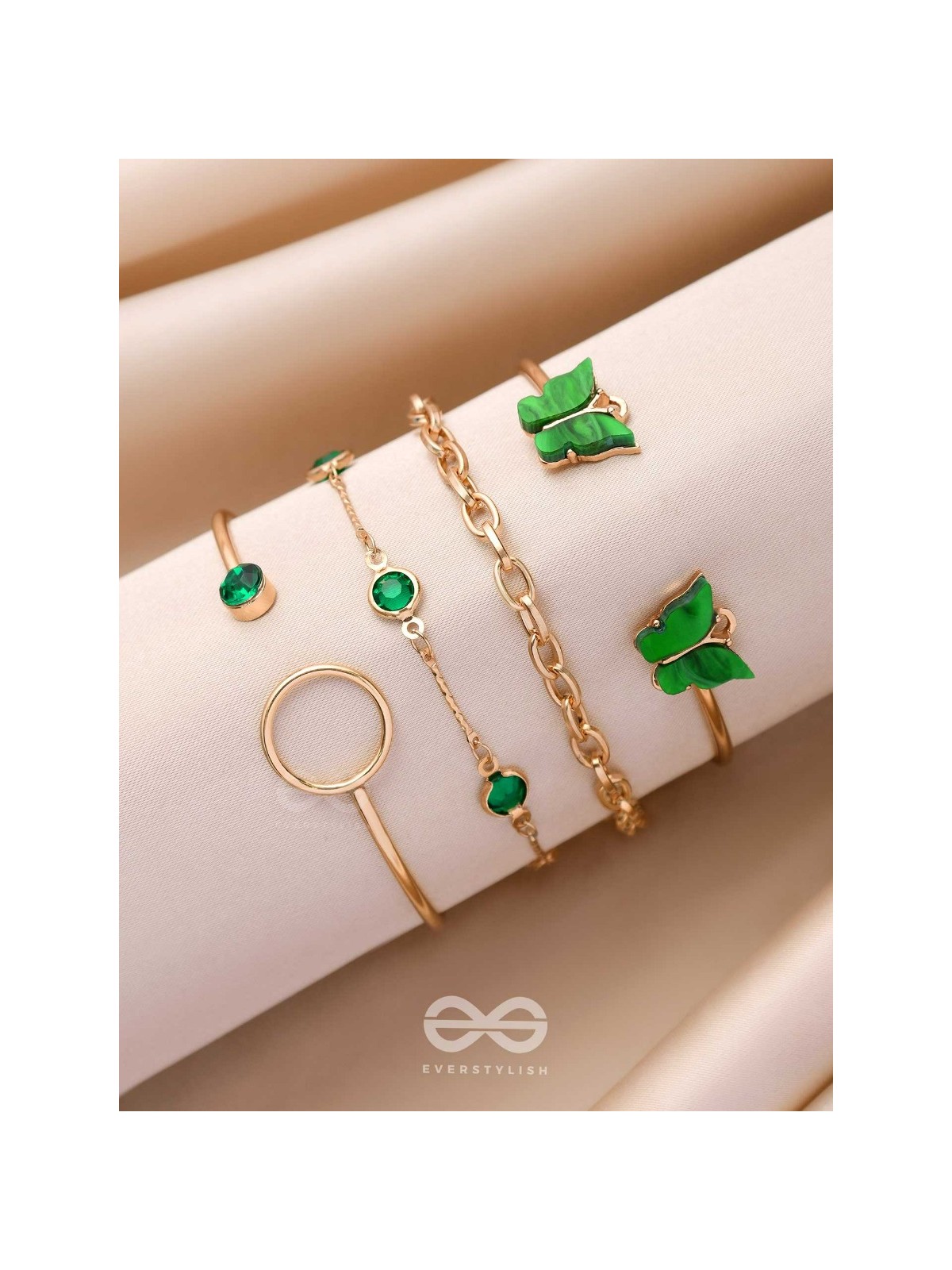 WINGS OF DELIGHT - SET OF 4 GOLDEN & GREEN BRACELETS