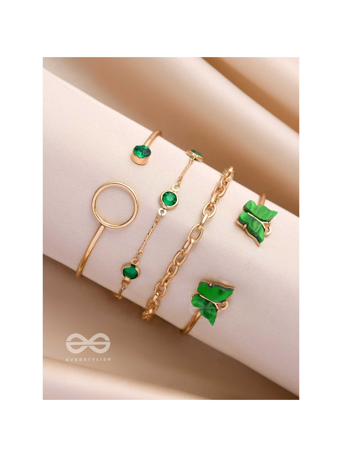 WINGS OF DELIGHT - SET OF 4 GOLDEN & GREEN BRACELETS