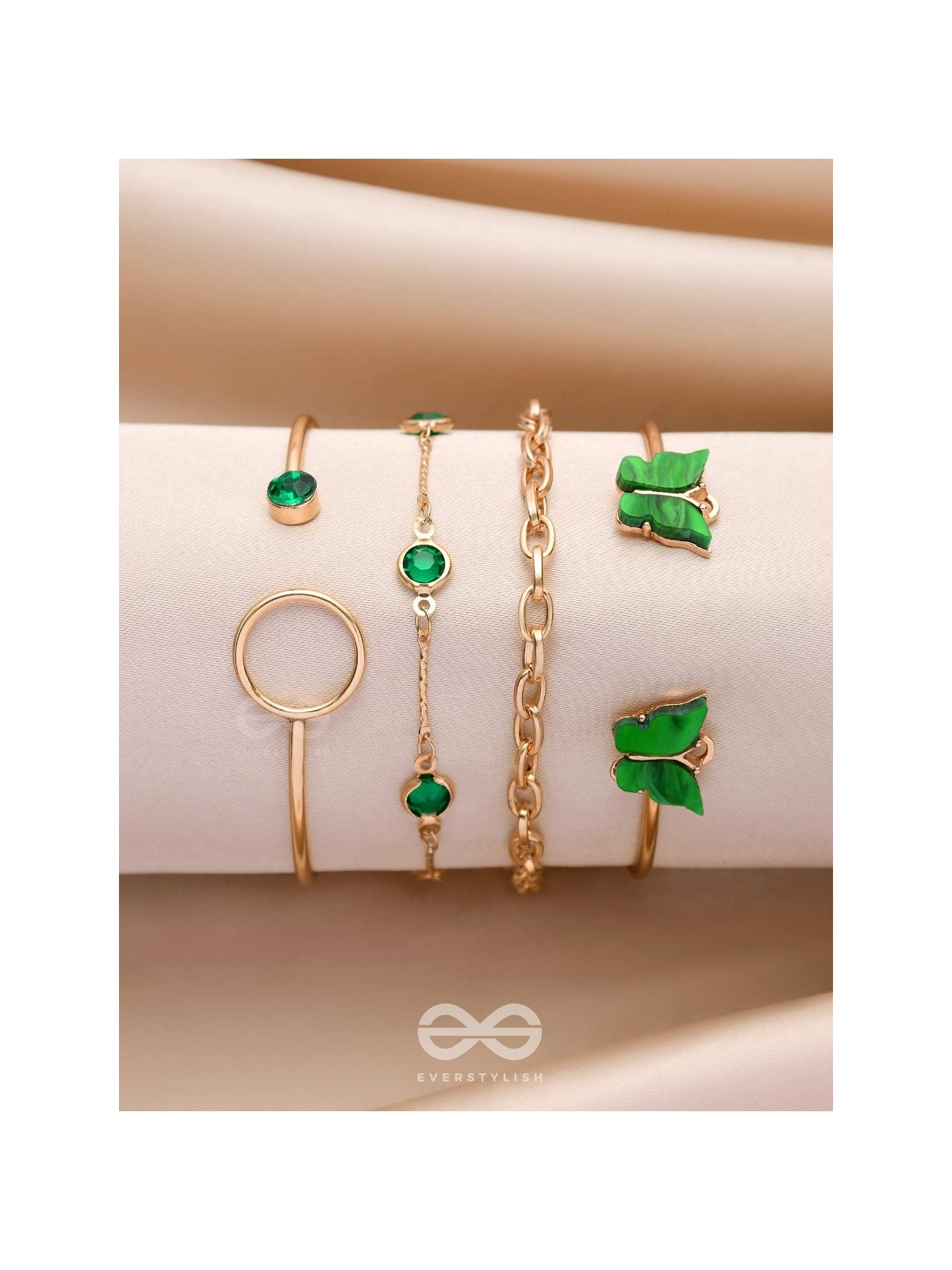 WINGS OF DELIGHT - SET OF 4 GOLDEN & GREEN BRACELETS