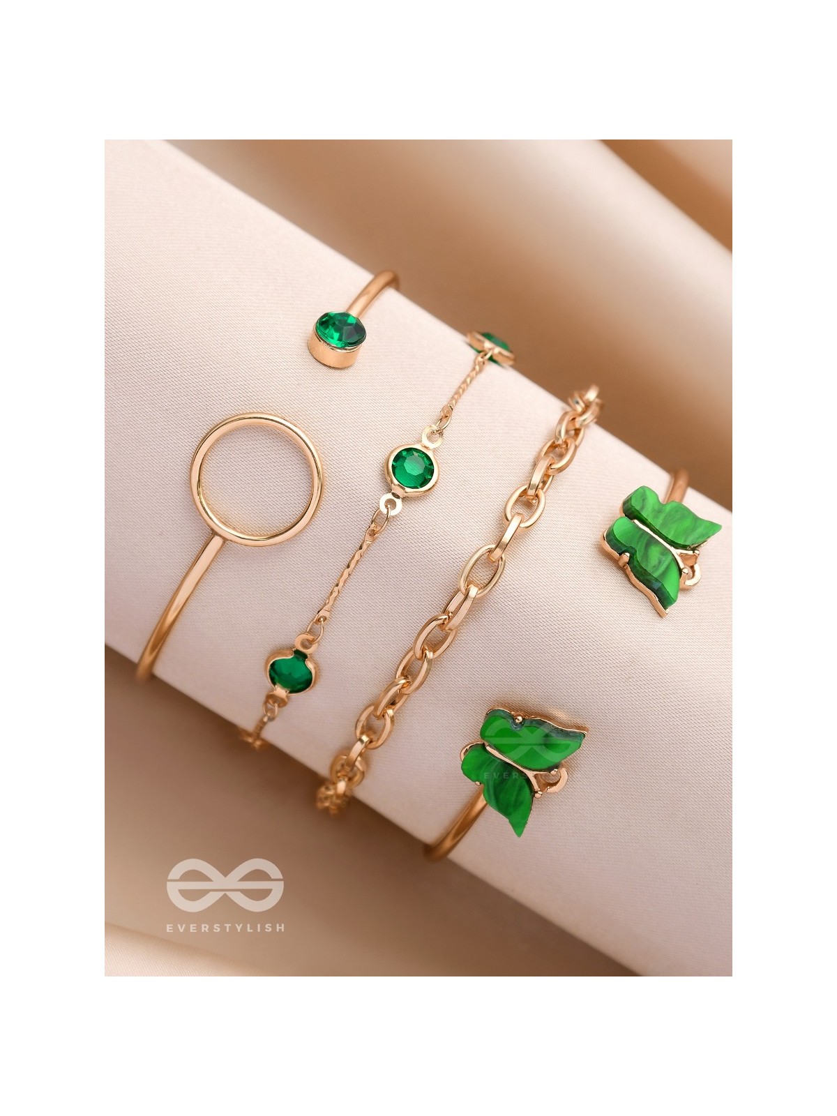 WINGS OF DELIGHT - SET OF 4 GOLDEN & GREEN BRACELETS