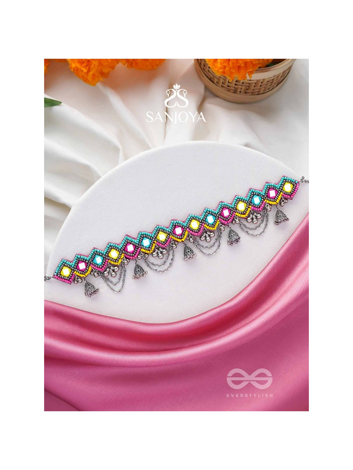 UPARJITAA - RAINBOW RADIANCE - BEADS AND MIRROR EMBROIDERED AND OXIDISED NECKPIECE