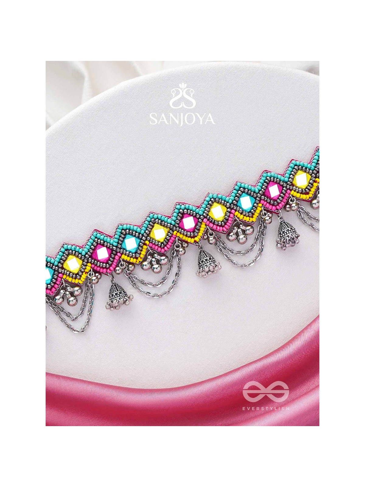 UPARJITAA - RAINBOW RADIANCE - BEADS AND MIRROR EMBROIDERED AND OXIDISED NECKPIECE