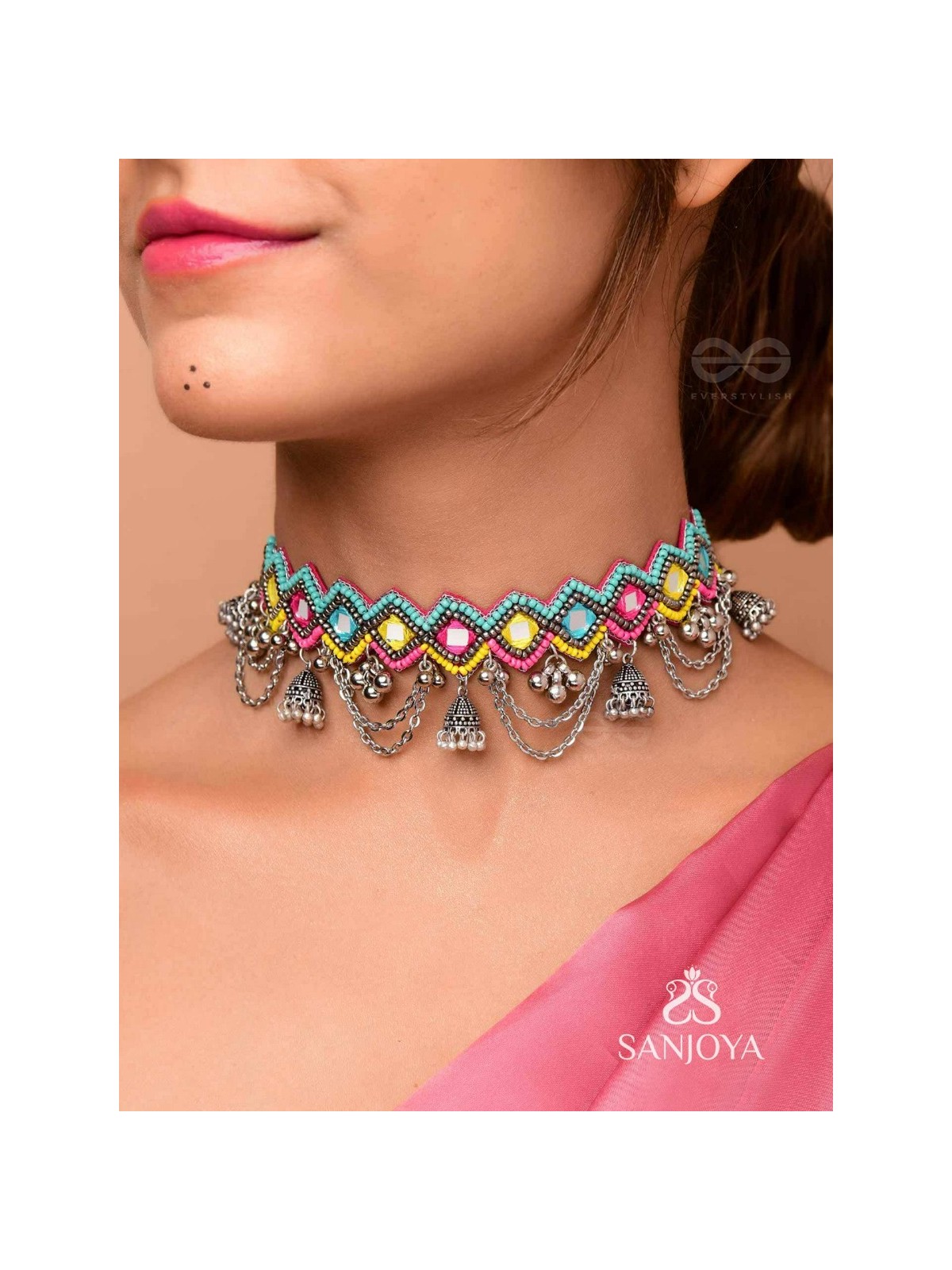 UPARJITAA - RAINBOW RADIANCE - BEADS AND MIRROR EMBROIDERED AND OXIDISED NECKPIECE