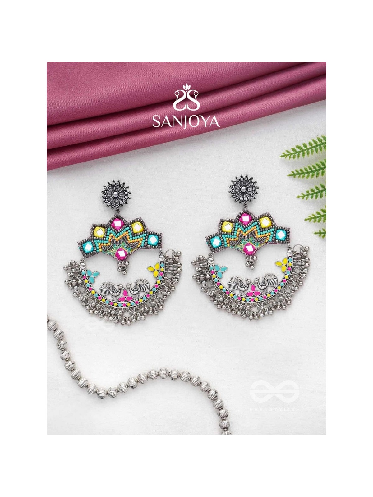 Shrichinmaya - The Eternal Beauty - Mirrors, Beads And Resham Hand Embroidered Oxidised Earrings