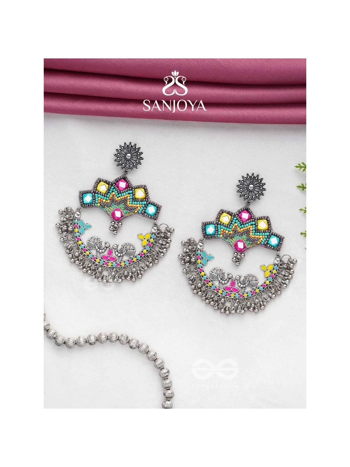 Shrichinmaya - The Eternal Beauty - Mirrors, Beads And Resham Hand Embroidered Oxidised Earrings