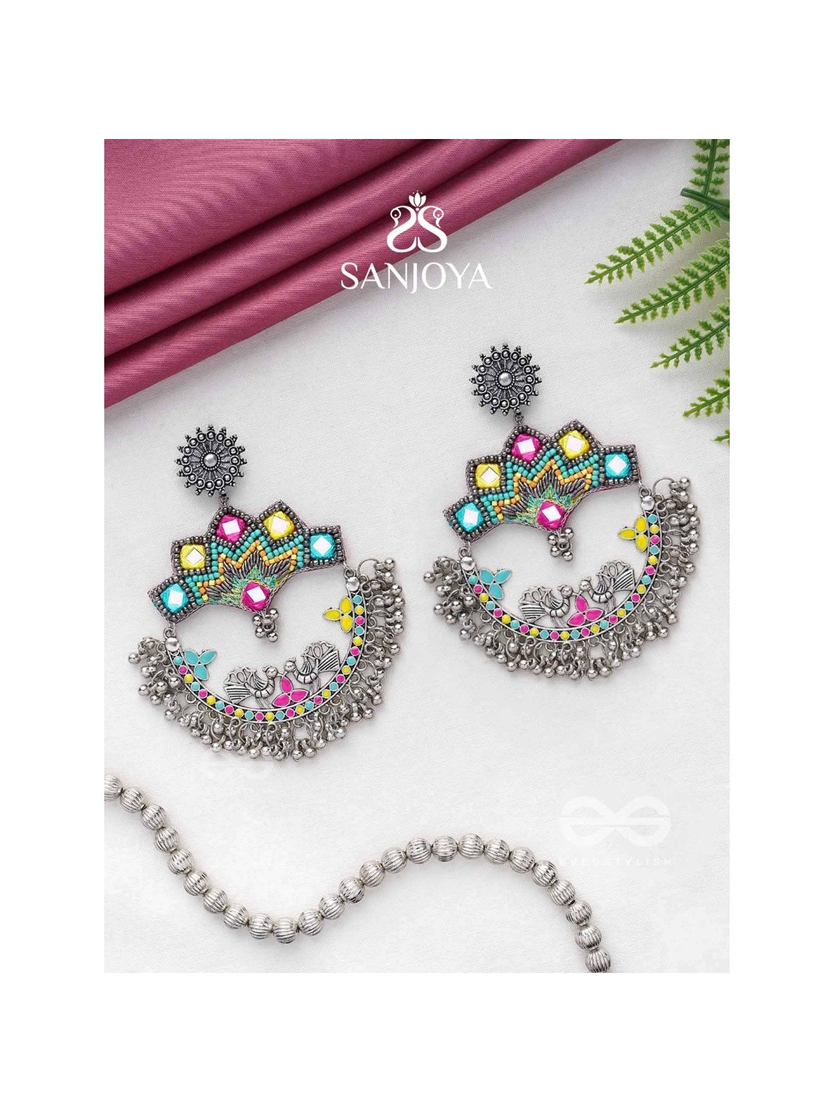 Shrichinmaya - The Eternal Beauty - Mirrors, Beads And Resham Hand Embroidered Oxidised Earrings