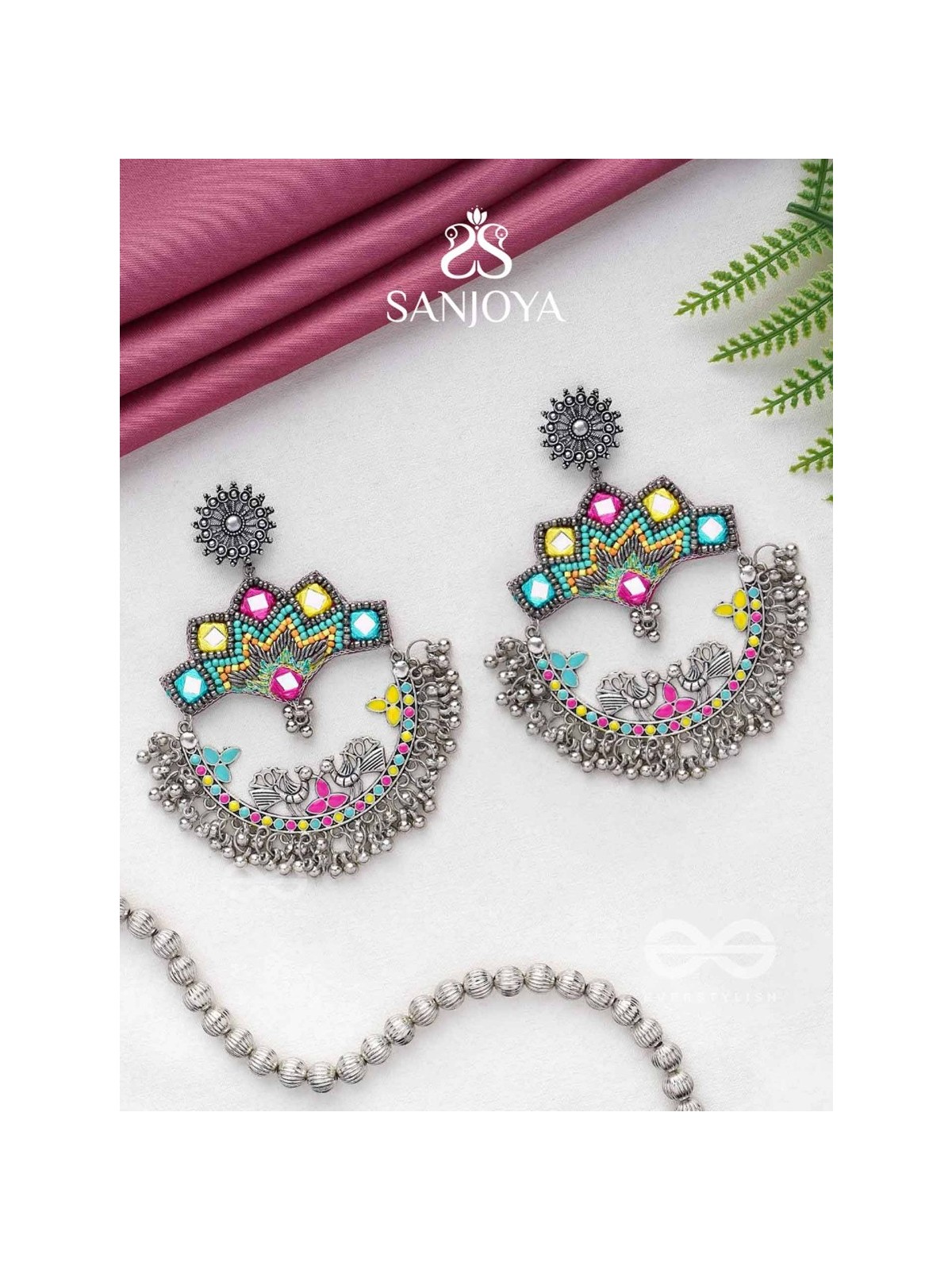 Shrichinmaya - The Eternal Beauty - Mirrors, Beads And Resham Hand Embroidered Oxidised Earrings