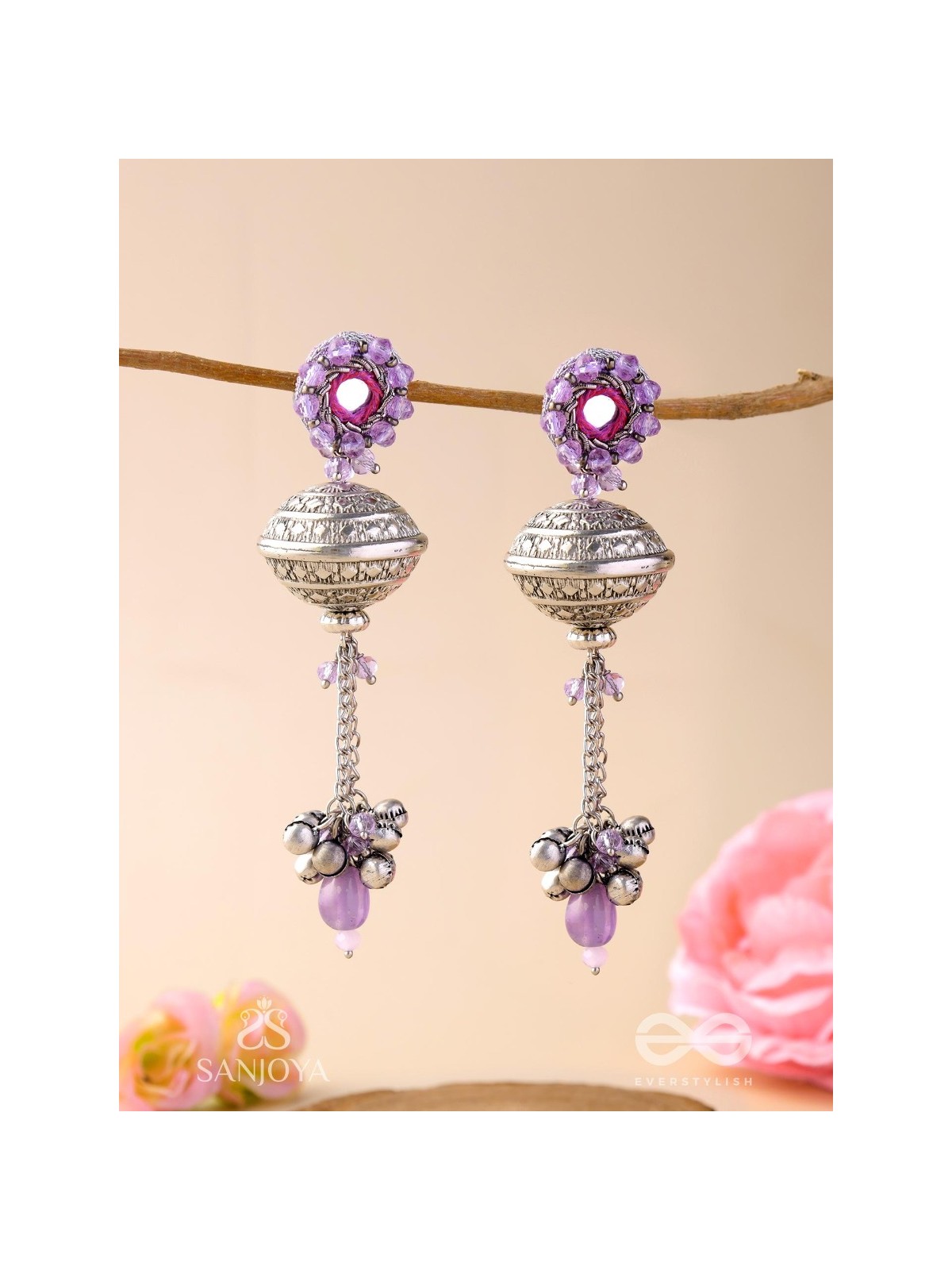 Ritudhwani - Seasonal Melodies - Resham And Beads Hand Embroidered Oxidised Earrings